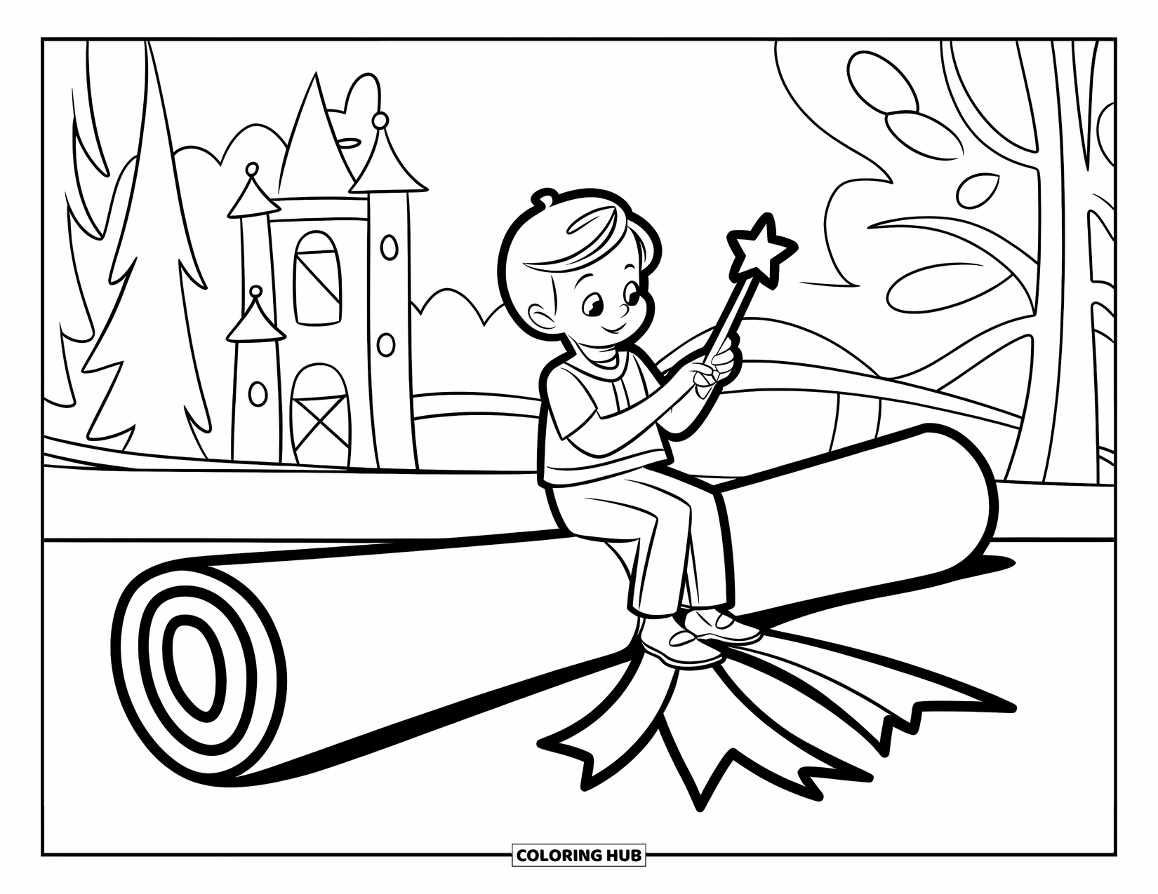 Graduation Coloring Page for Kids: A child sits on a giant diploma holding a small star wand near a castle and trees