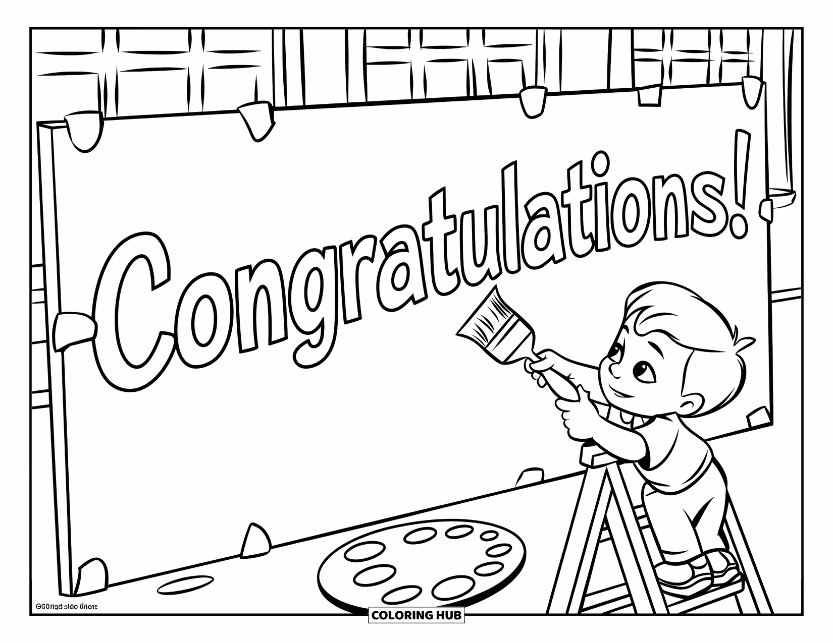 Graduation Coloring Page for Kids: A child stands on a ladder painting "Congratulations" on a canvas in a bright room