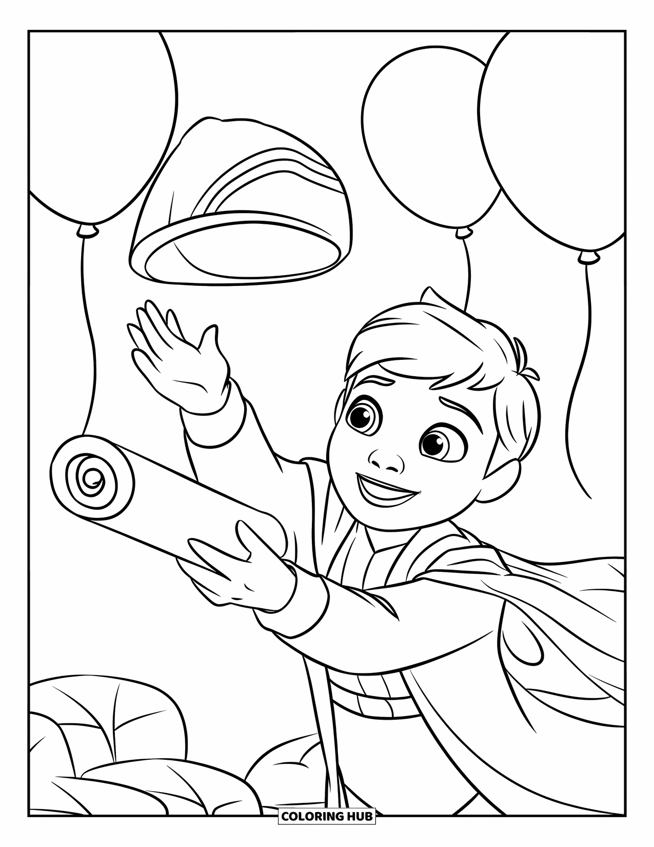 Graduation Coloring Page for Kids: A child tosses a cap while holding a scroll with balloons floating in the sky