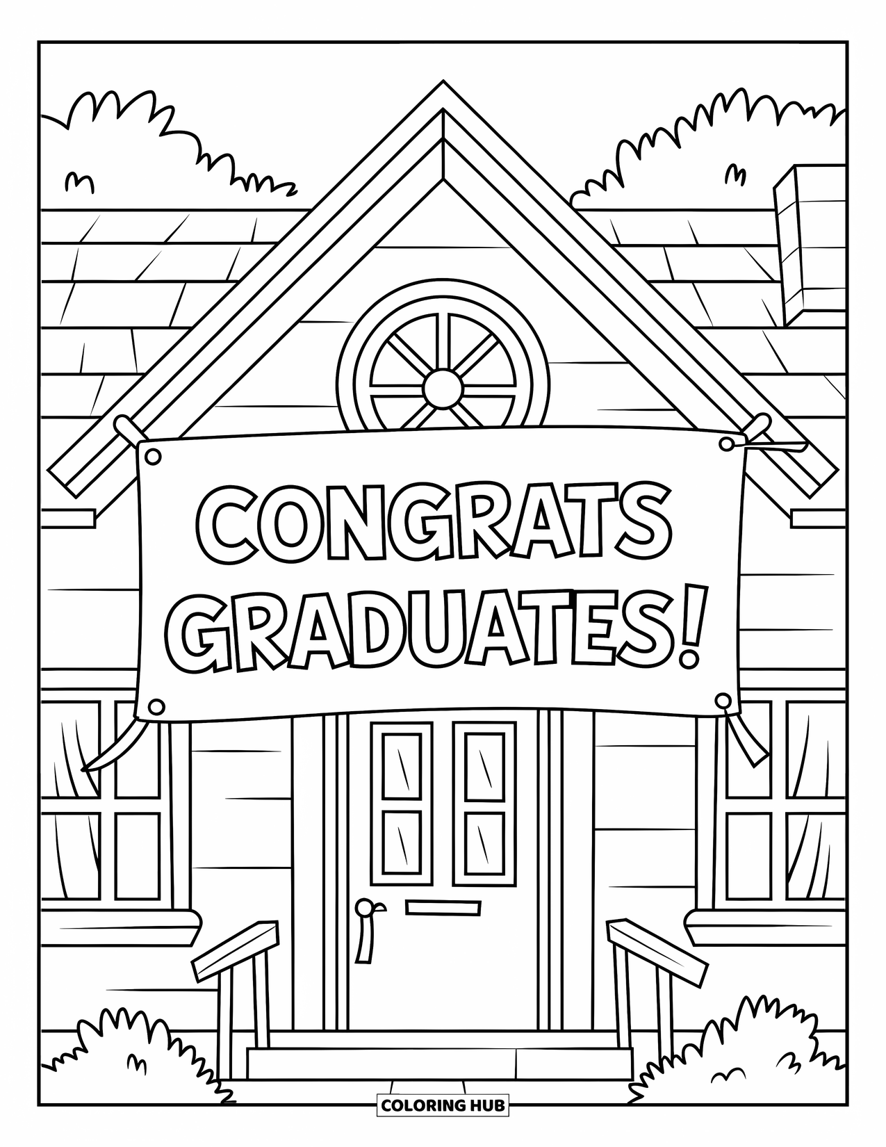 Graduation Coloring Page for Kids: A cozy schoolhouse with a "Congrats Graduates!" banner and trees in the background