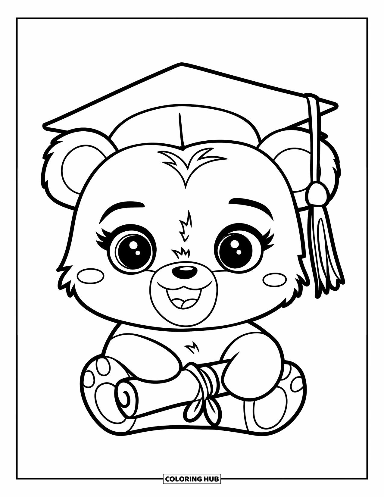 Graduation Coloring Page for Kids: A cute bear in a graduation cap holds a rolled-up diploma with a happy expression