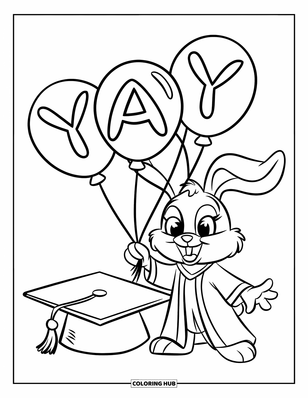 Graduation Coloring Page for Kids: A happy bunny holds "YAY" balloons next to a cap in a clean, cheerful scene