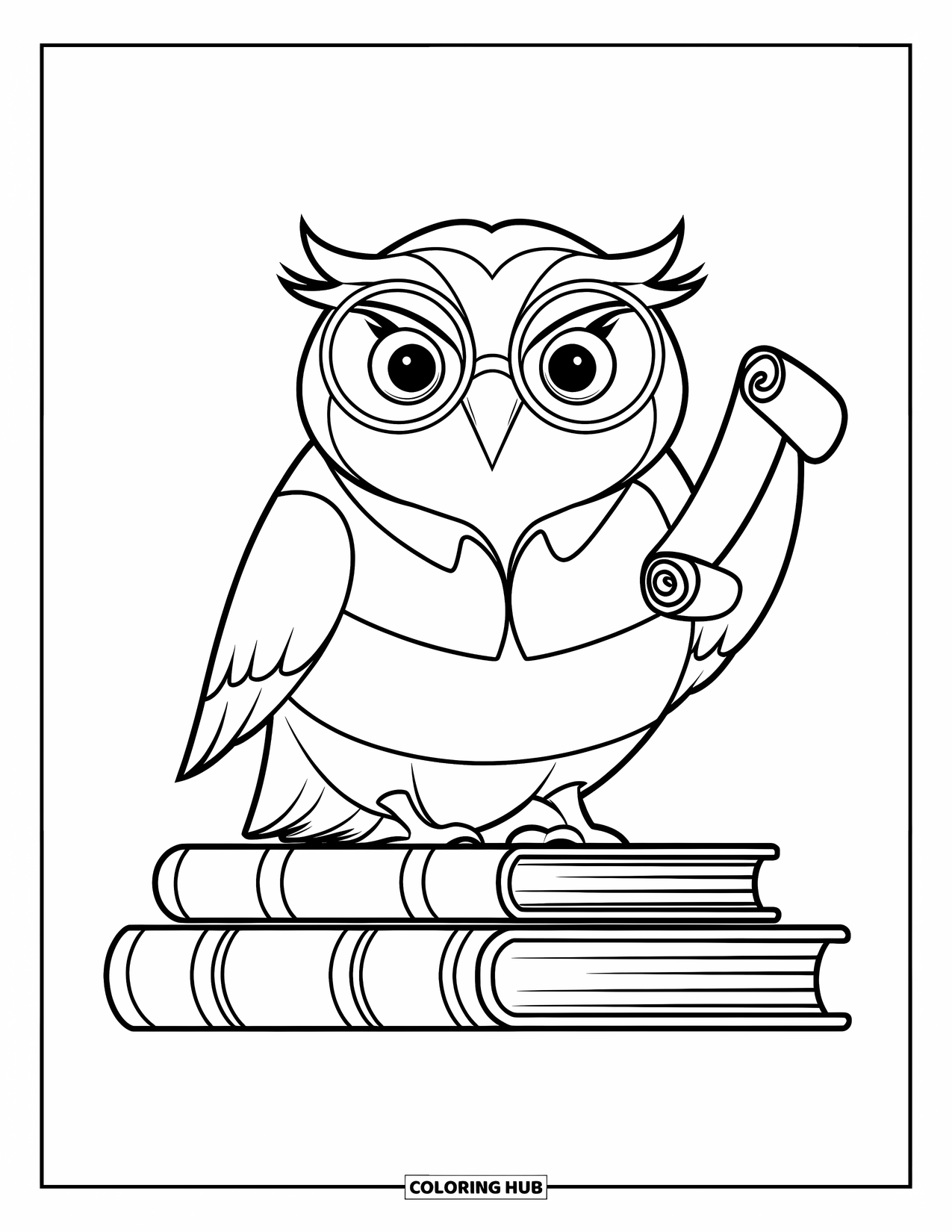 Graduation Coloring Page for Kids: A happy owl with a scroll sits on a tall stack of books in a bright space
