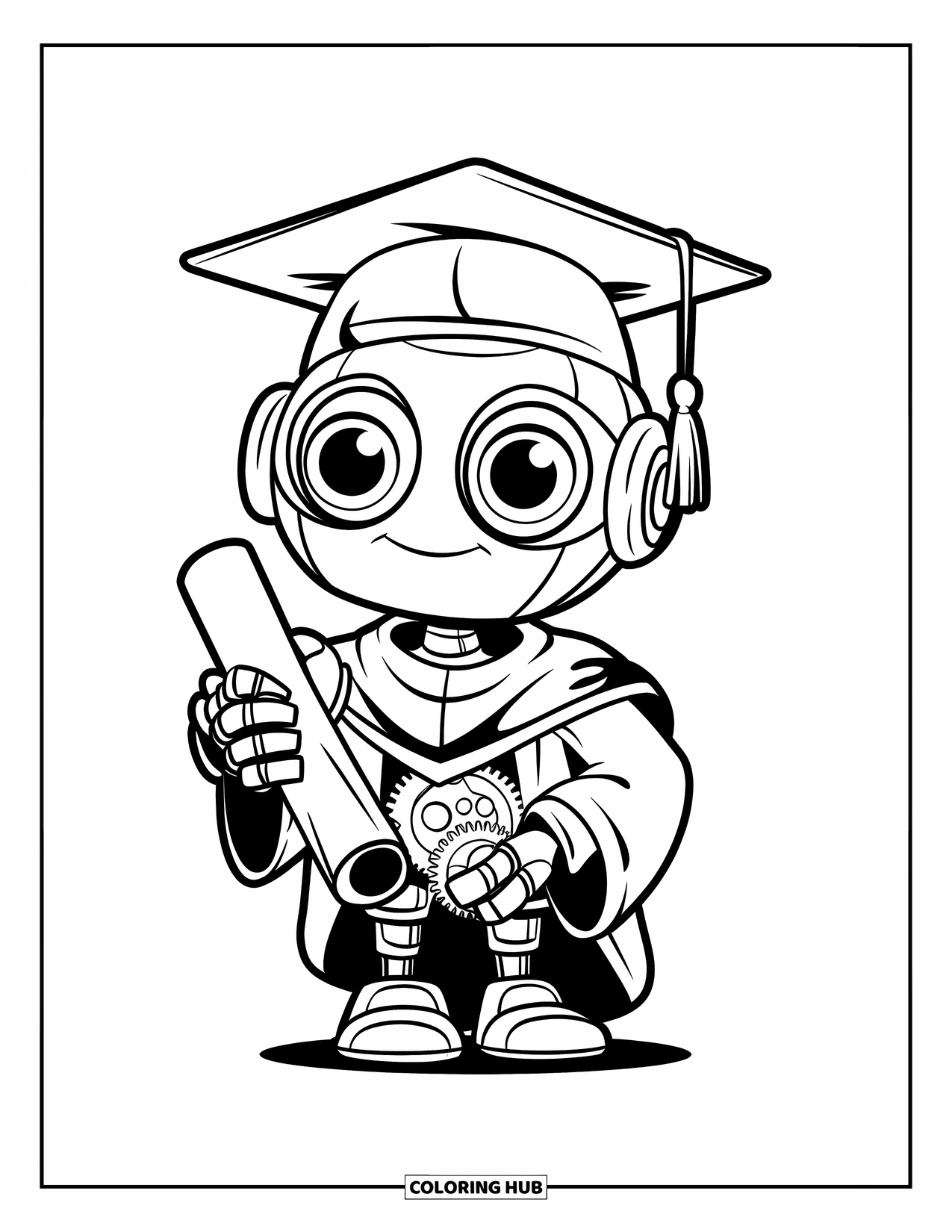 Graduation Coloring Page for Kids: A happy robot graduate holds a scroll with gears peeking out from under its gown