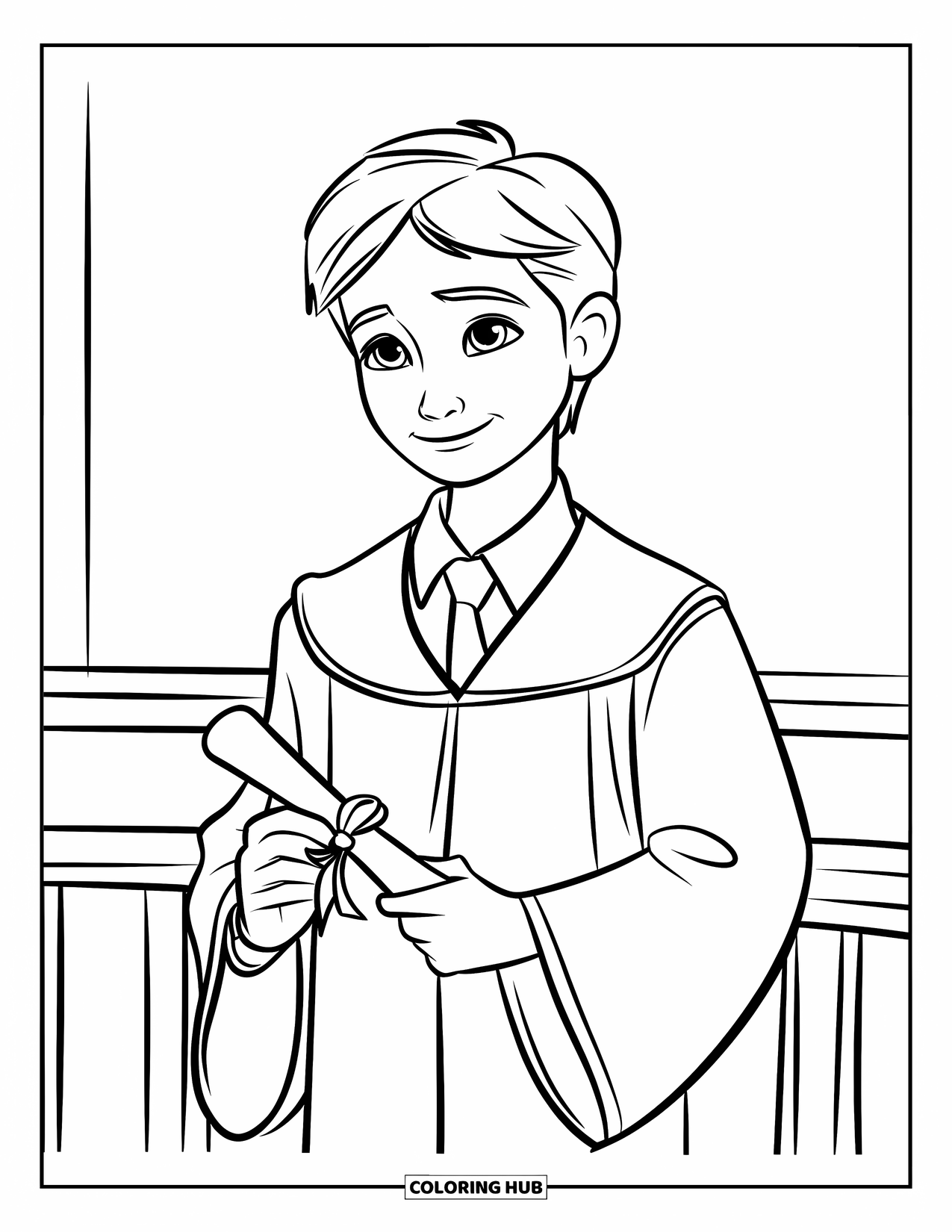 Graduation Coloring Page for Kids: A proud teen holds a diploma while standing still for a graduation photo