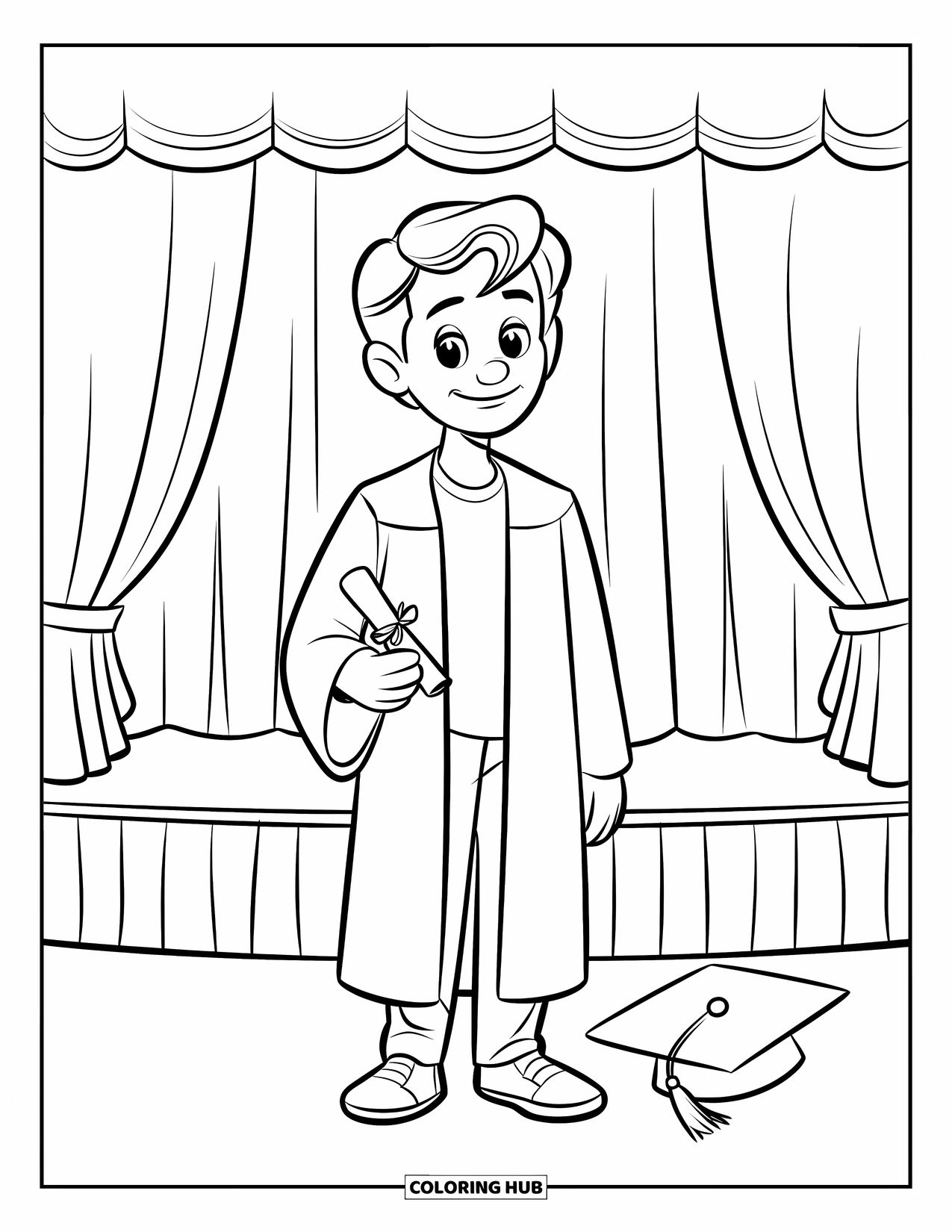 Graduation Coloring Page for Kids: A proud teen stands on a stage holding a diploma with a graduation cap beside them