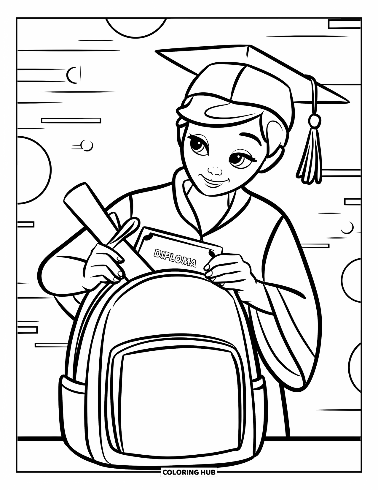 Graduation Coloring Page for Kids: A teen in a cap and gown places a diploma into a backpack with a patterned background