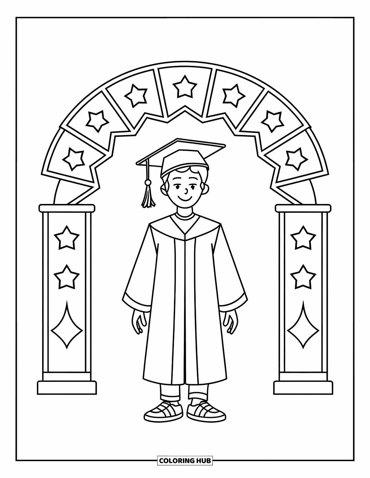 Graduation Coloring Page for Kids: A teen in cap and gown stands proudly beneath a decorated graduation arch