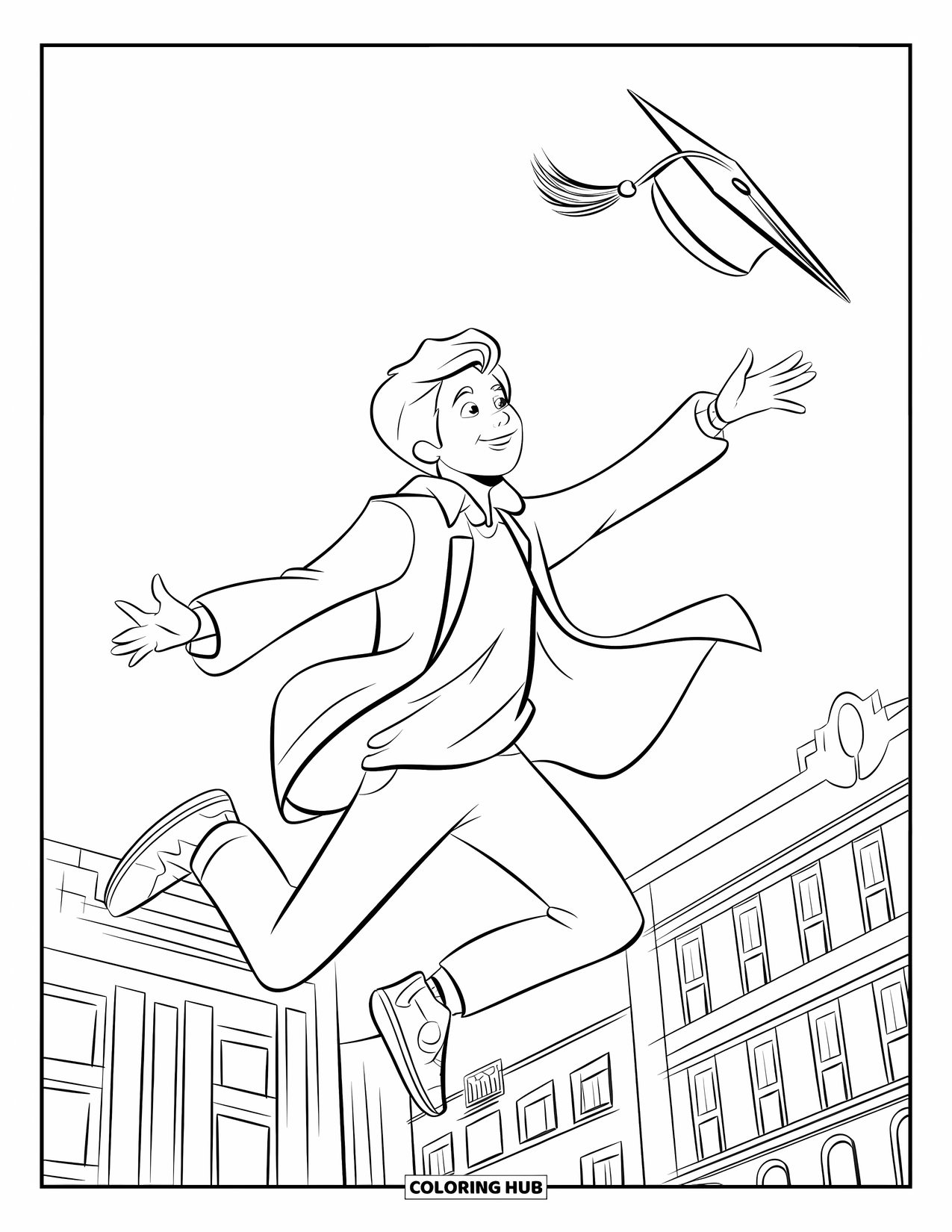 Graduation Coloring Page for Kids: A teen jumps mid-air tossing a graduation cap with buildings in the background