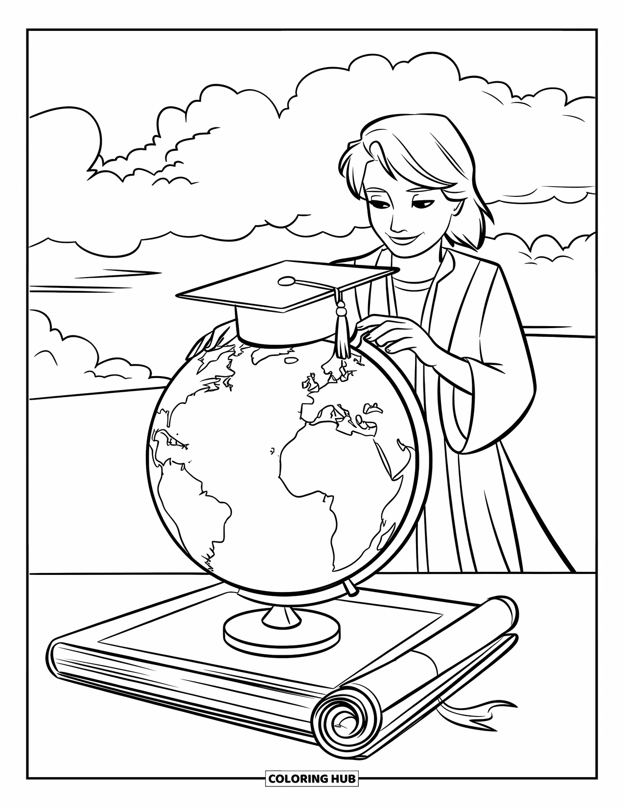 Graduation Coloring Page for Kids: A teen places a graduation cap on a globe resting on a stack of books and scroll