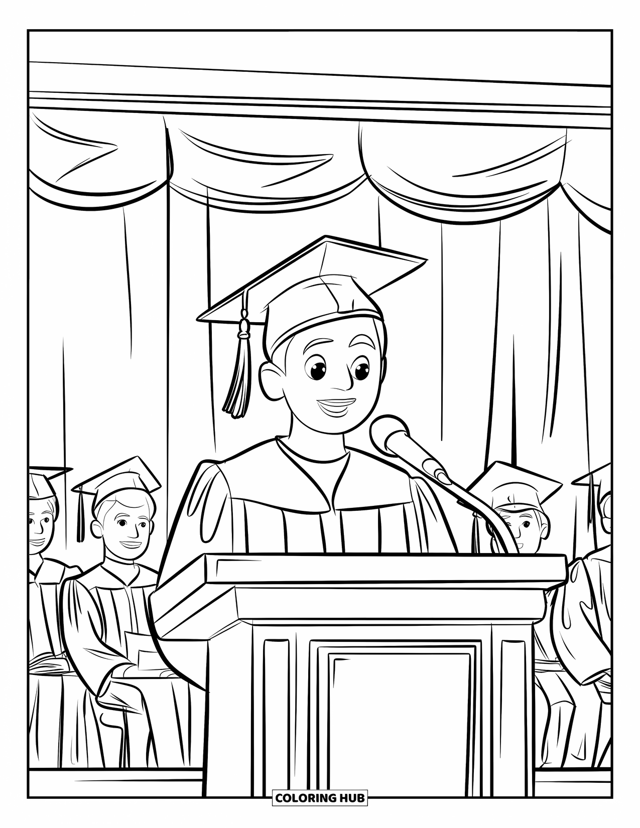 Graduation Coloring Page for Kids: A teen speaks at a podium with a curtain, props, and students in graduation caps