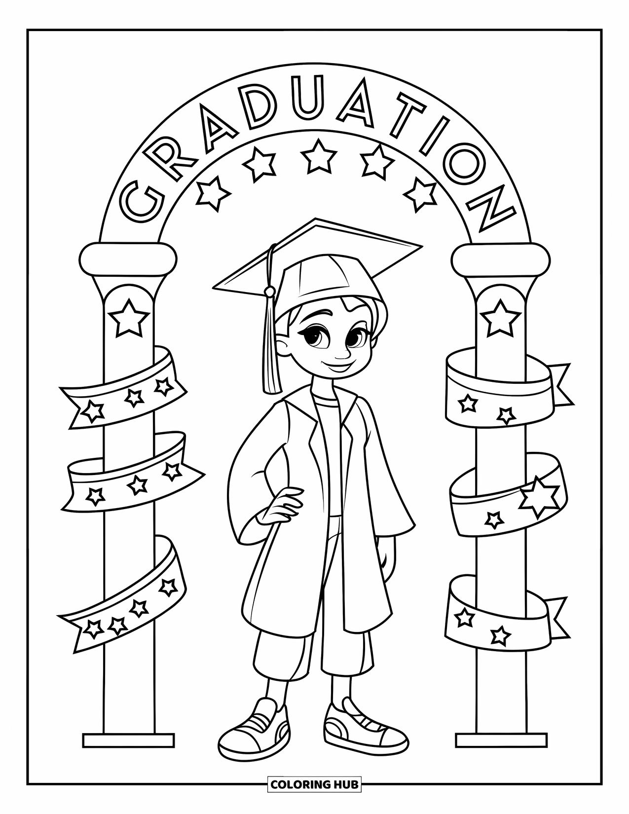Graduation Coloring Page for Kids: A teen stands proudly under a graduation arch decorated with banners and stars