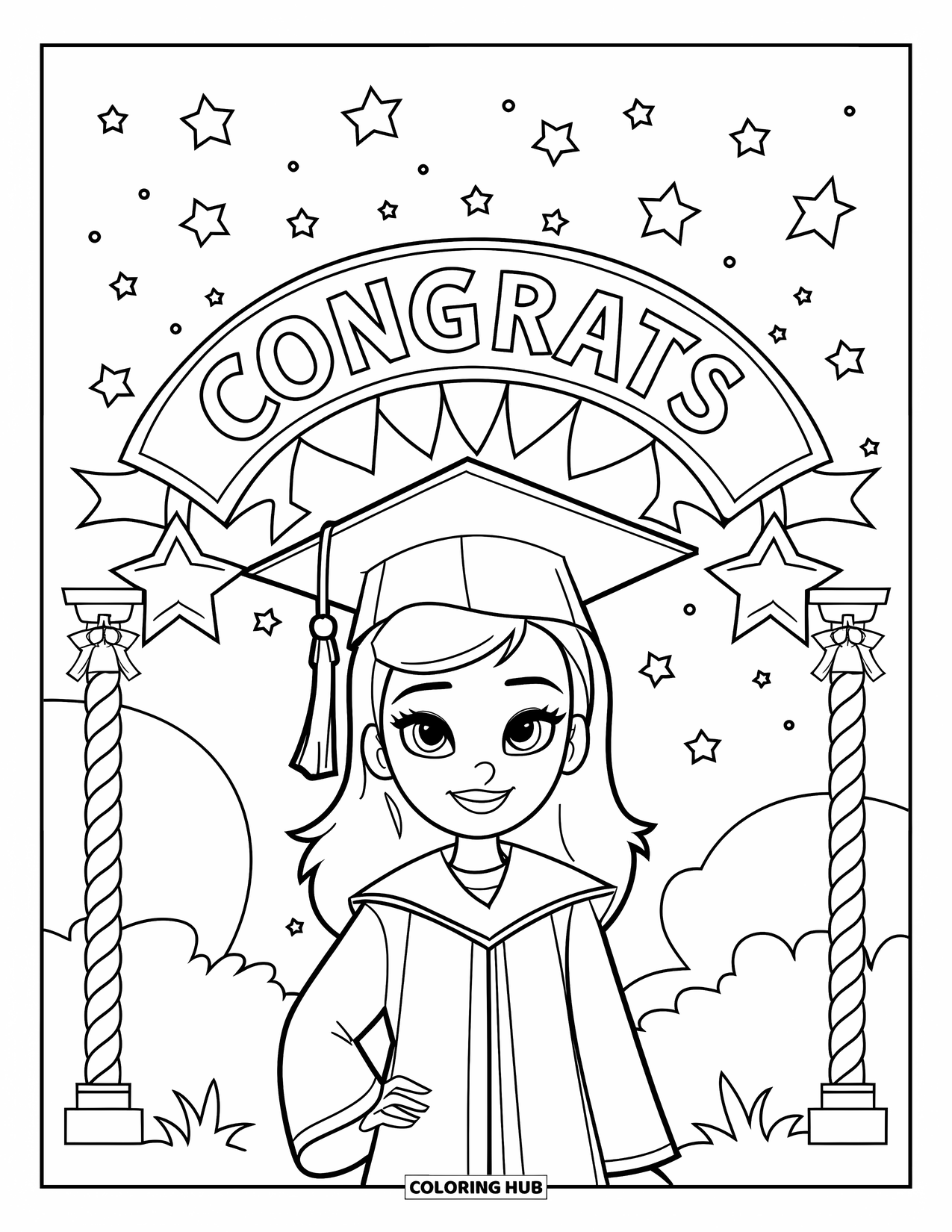 Graduation Coloring Page for Kids: A teenage girl stands proudly under a graduation arch with a "Congrats" banner and stars