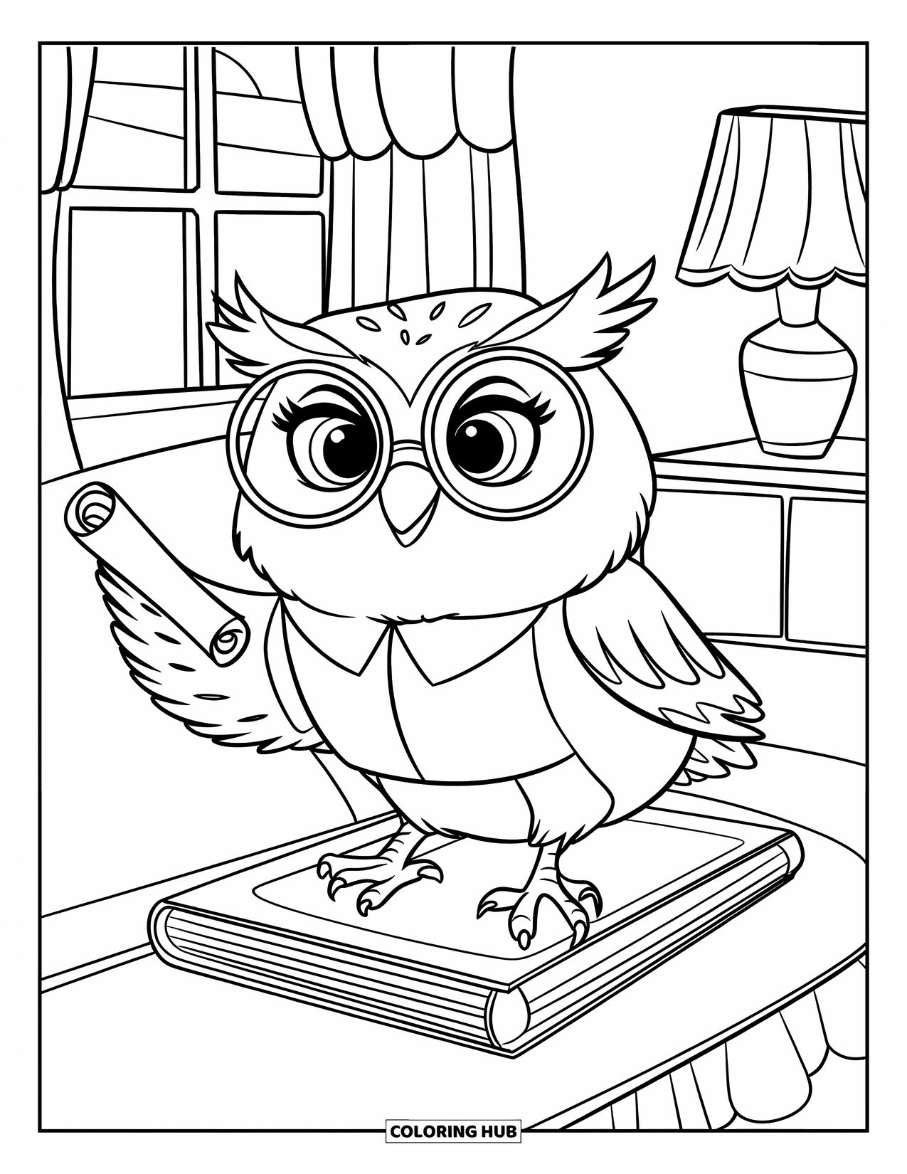 Graduation Coloring Page for Kids: An adorable owl with glasses and a scroll perches on books in a cozy room