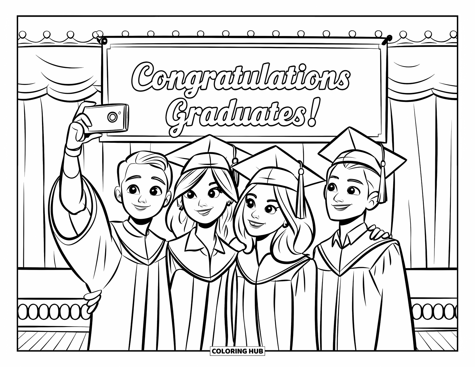 Graduation Coloring Page for Kids: Four friends in caps and gowns take a selfie under a "Congratulations Graduates!" banner