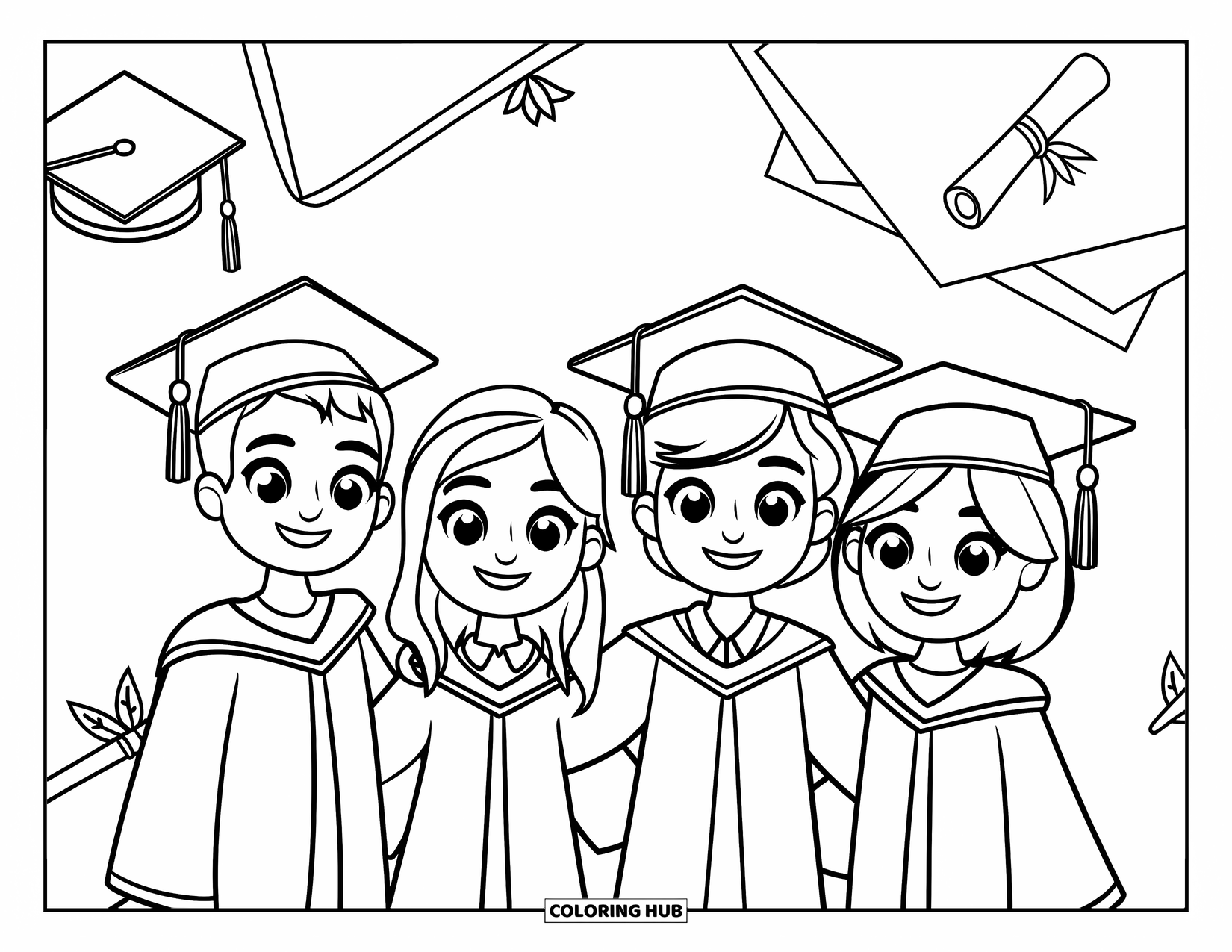 Graduation Coloring Page for Kids: Four friends in graduation gowns stand in a row taking a joyful selfie together