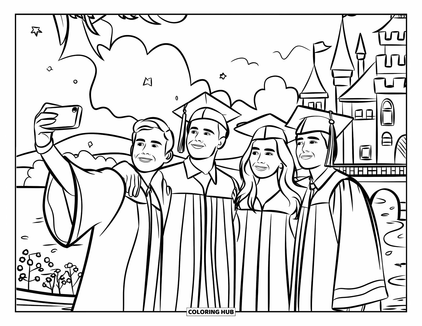 Graduation Coloring Page for Kids: Four graduates take a selfie in front of a castle with a bridge, trees, and flowers