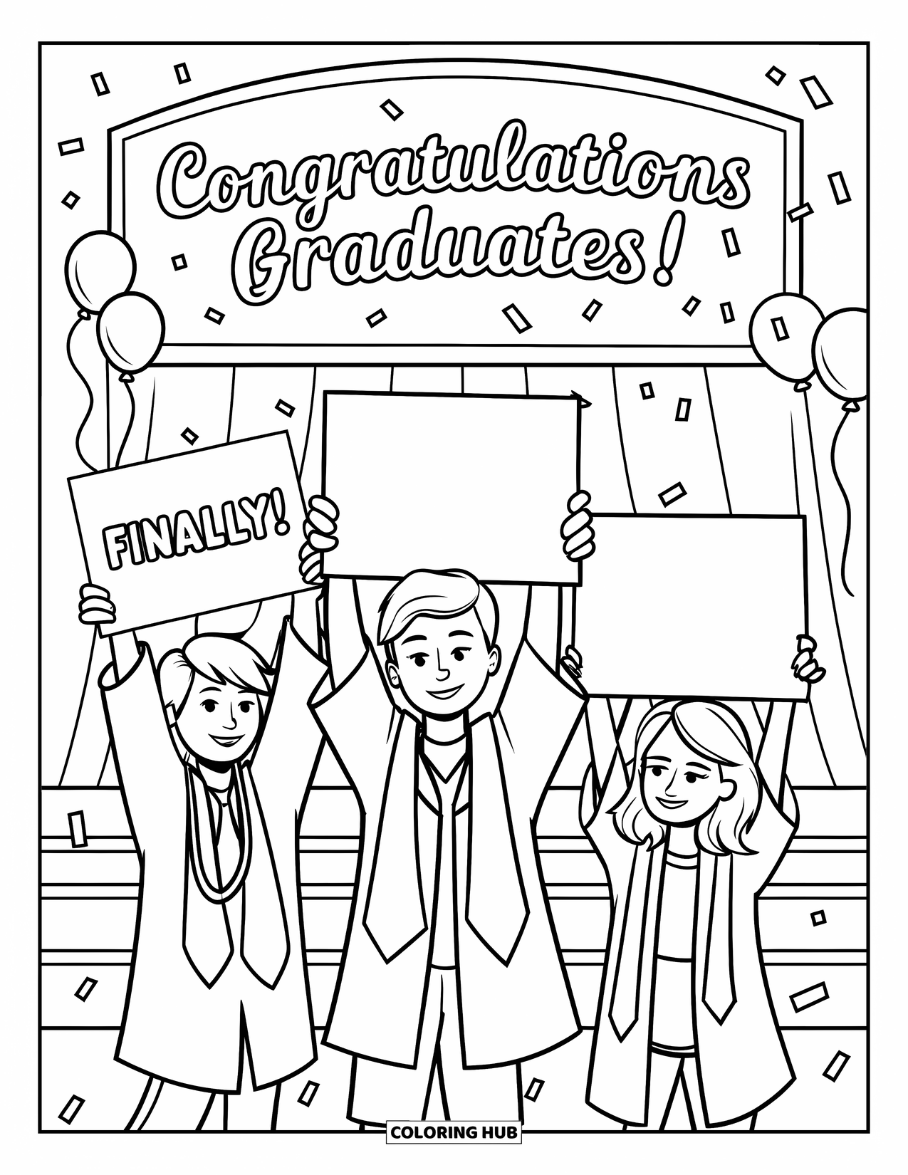 Graduation Coloring Page for Kids: Graduates hold signs and stand on a stage with balloons, confetti, and a congratulatory banner