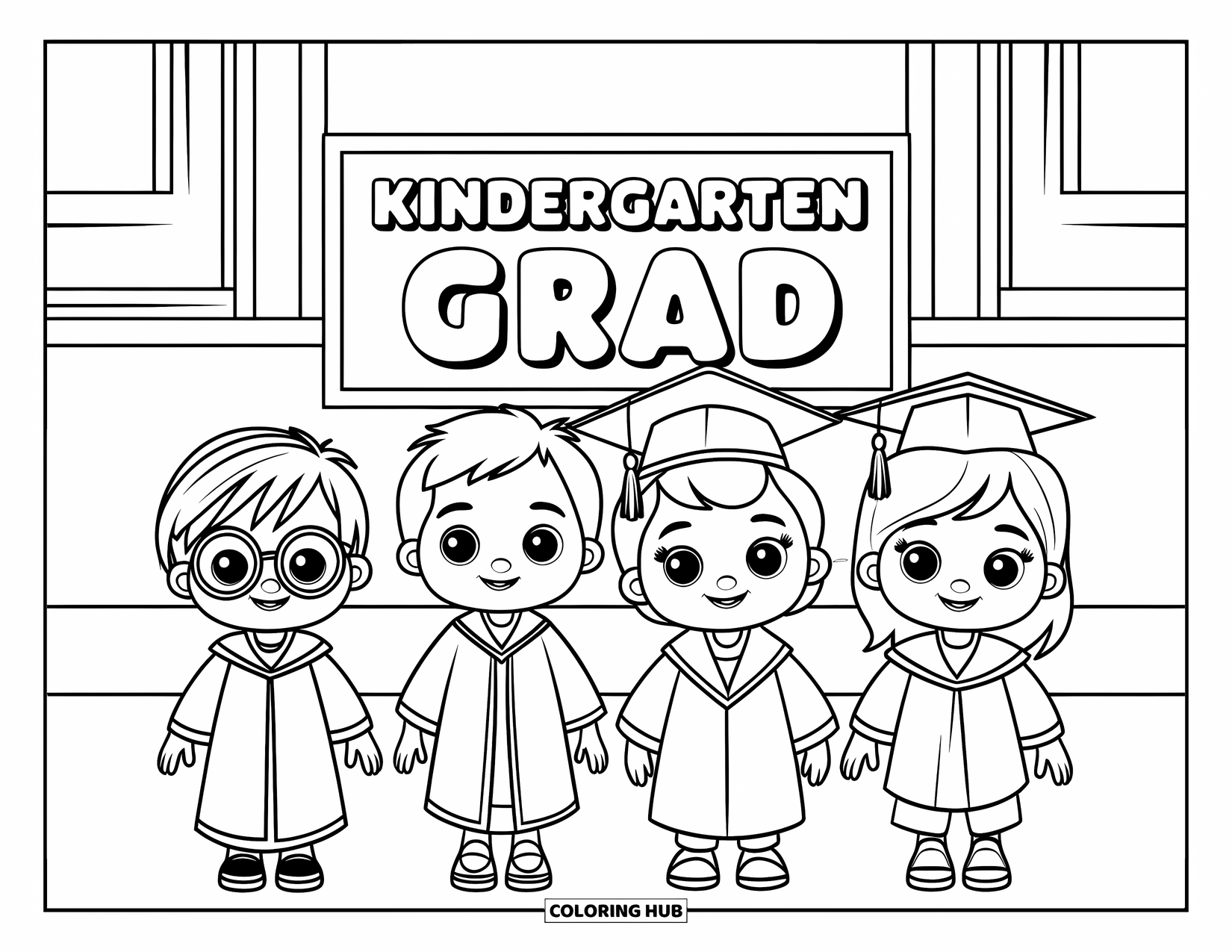 Graduation Coloring Page for Kids: Three cute kids in gowns stand next to a "Kindergarten Grad" sign in a bright room