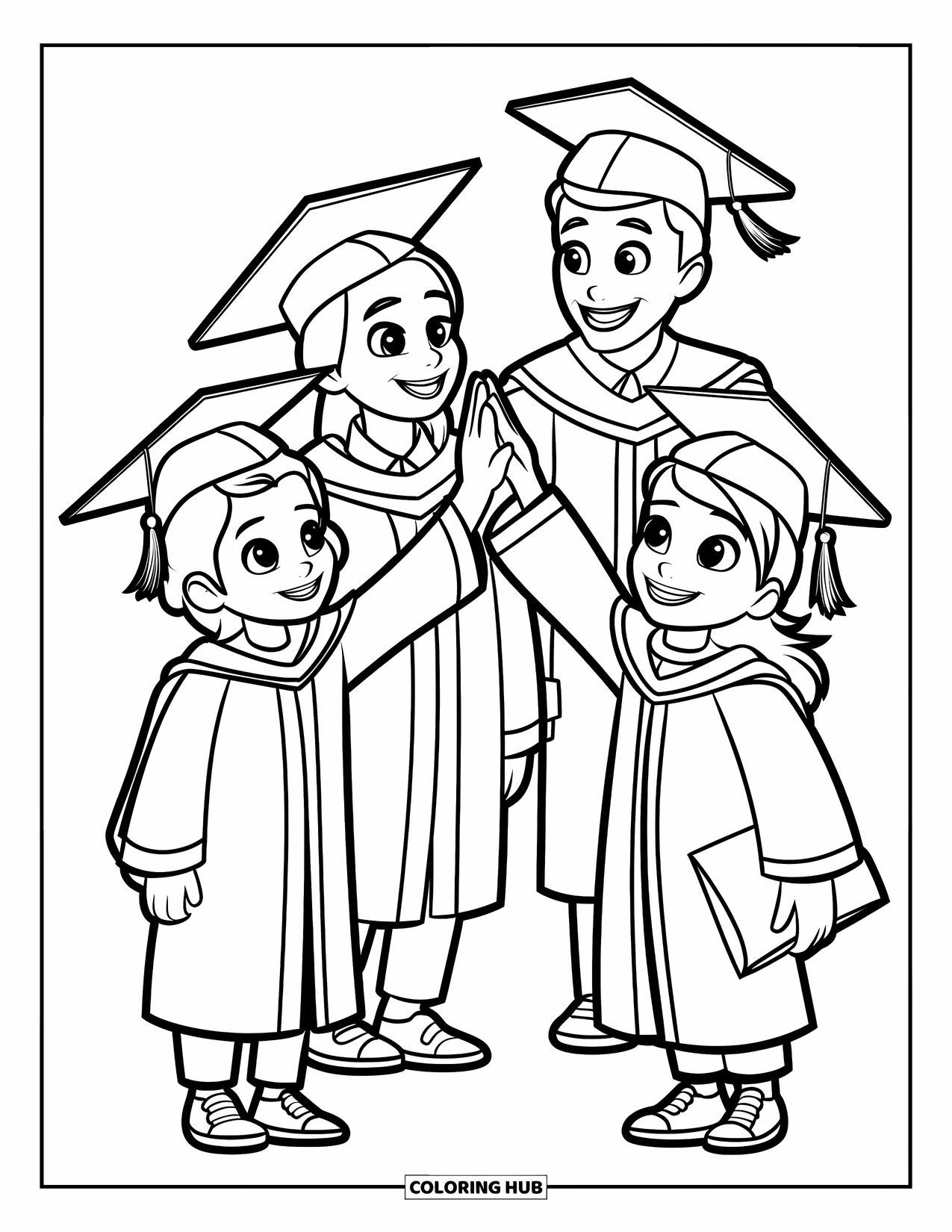 Graduation Coloring Page for Kids: Three friends in graduation outfits high-five each other in a fun and joyful scene