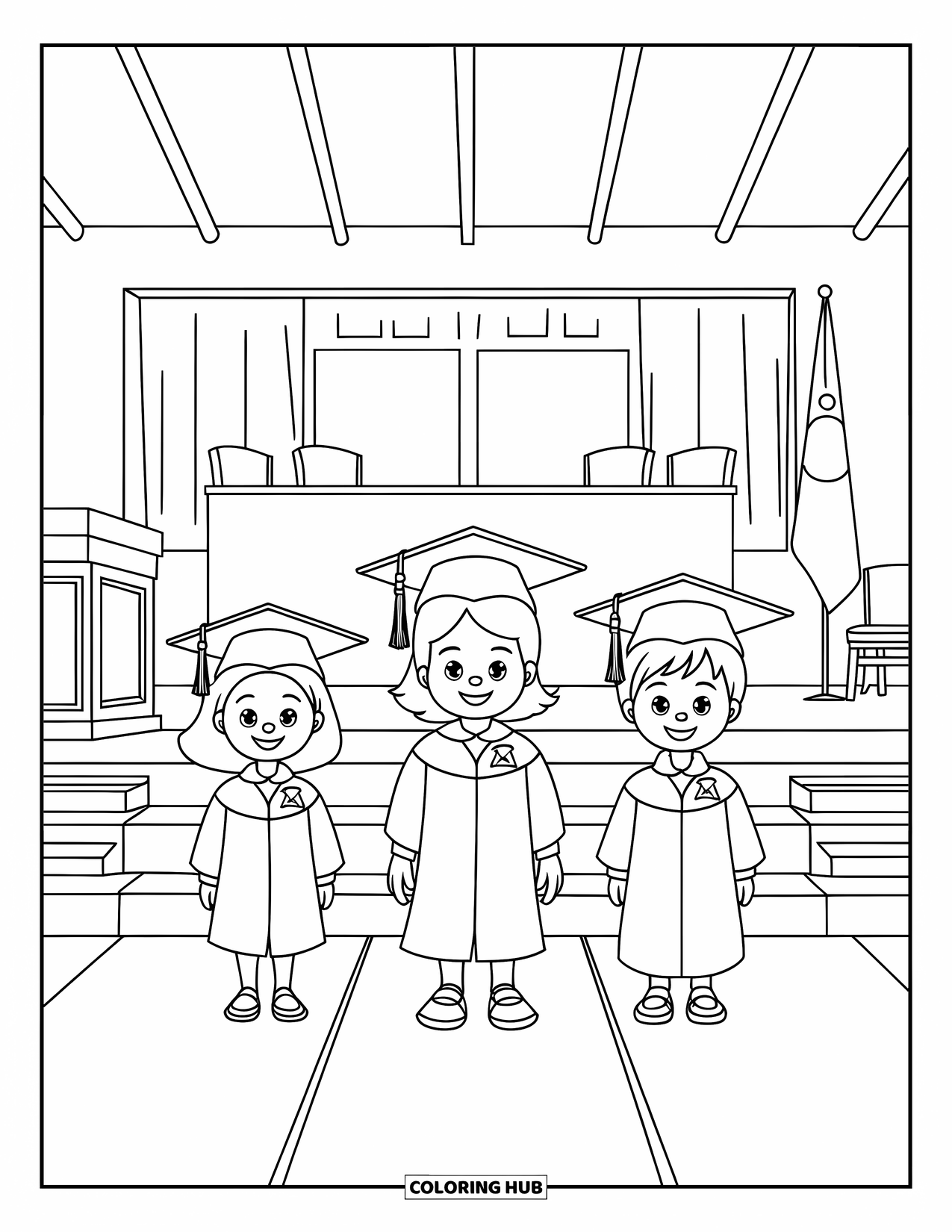 Graduation Coloring Page for Kids: Three graduates stand proudly on stage with a flag, chairs, and big windows behind them