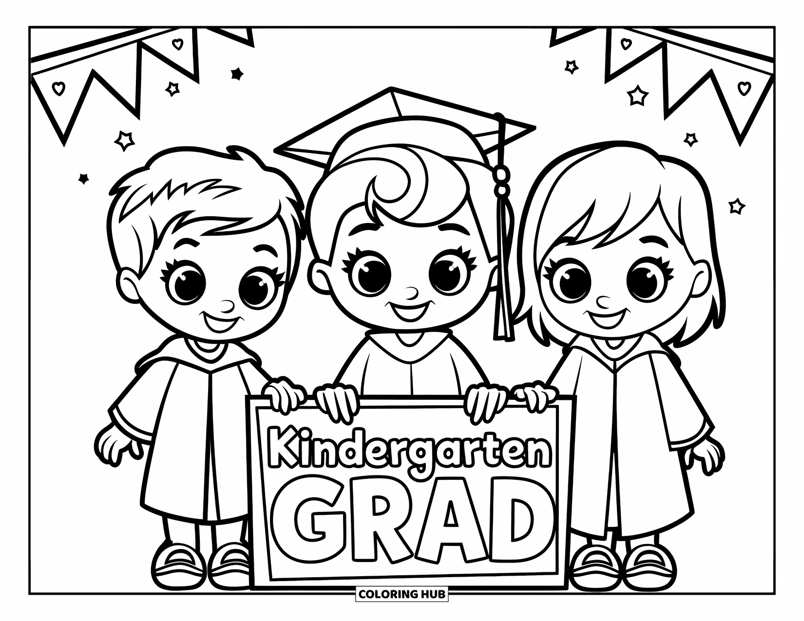 Graduation Coloring Page for Kids: Three happy kids in gowns stand proudly next to a "Kindergarten Grad" sign