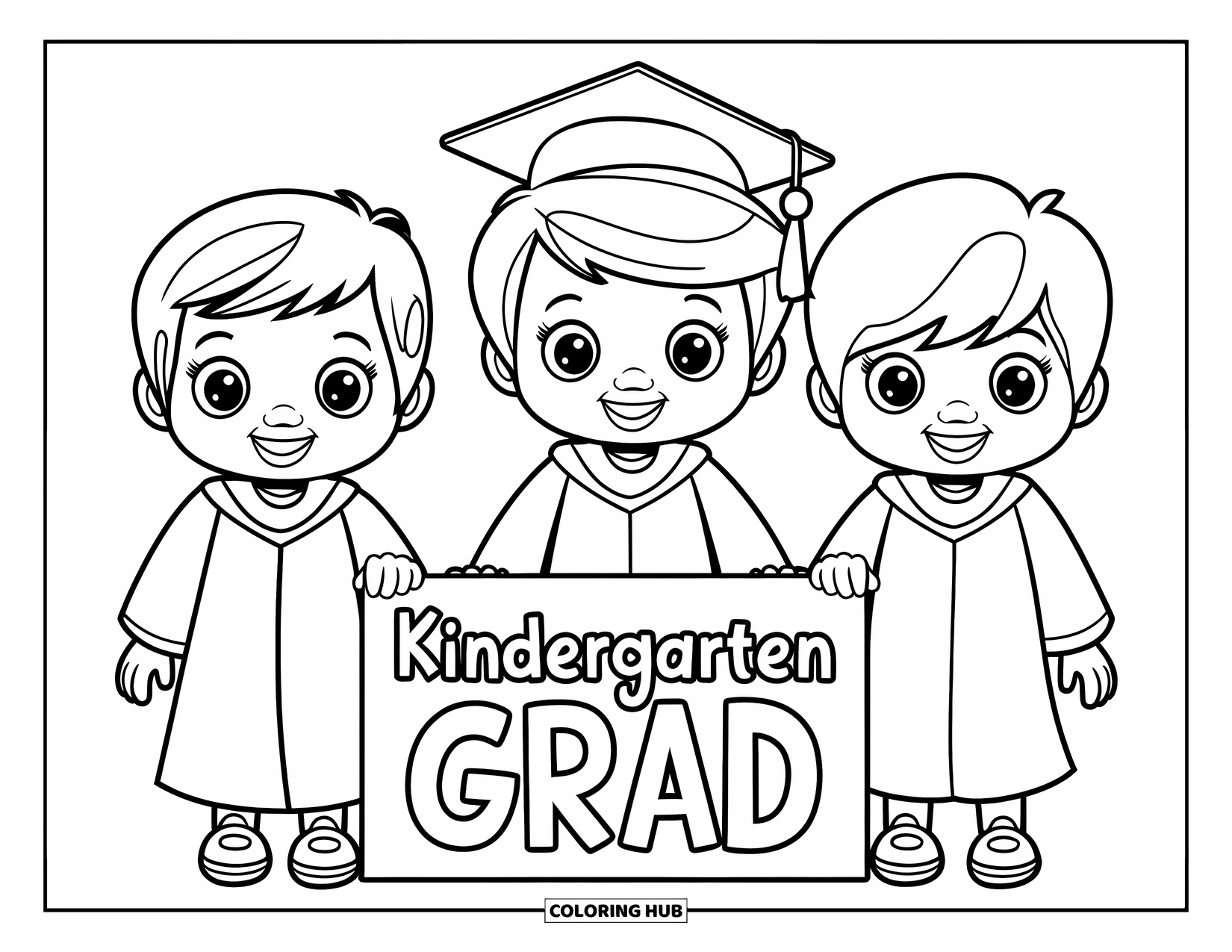 Graduation Coloring Page for Kids: Three smiling kids in gowns stand near a "Kindergarten Grad" sign in a cheerful scene