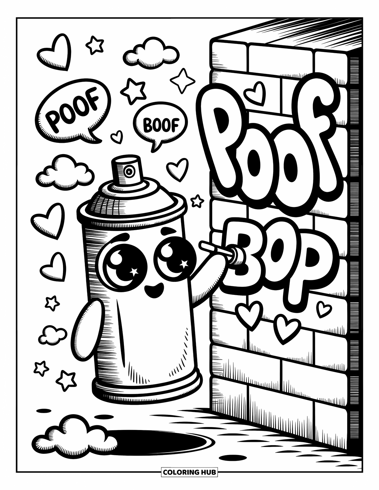 Graffiti Coloring Page for Adults: A cute spray can paints letters while stars, clouds, and tiny bubbles drift around