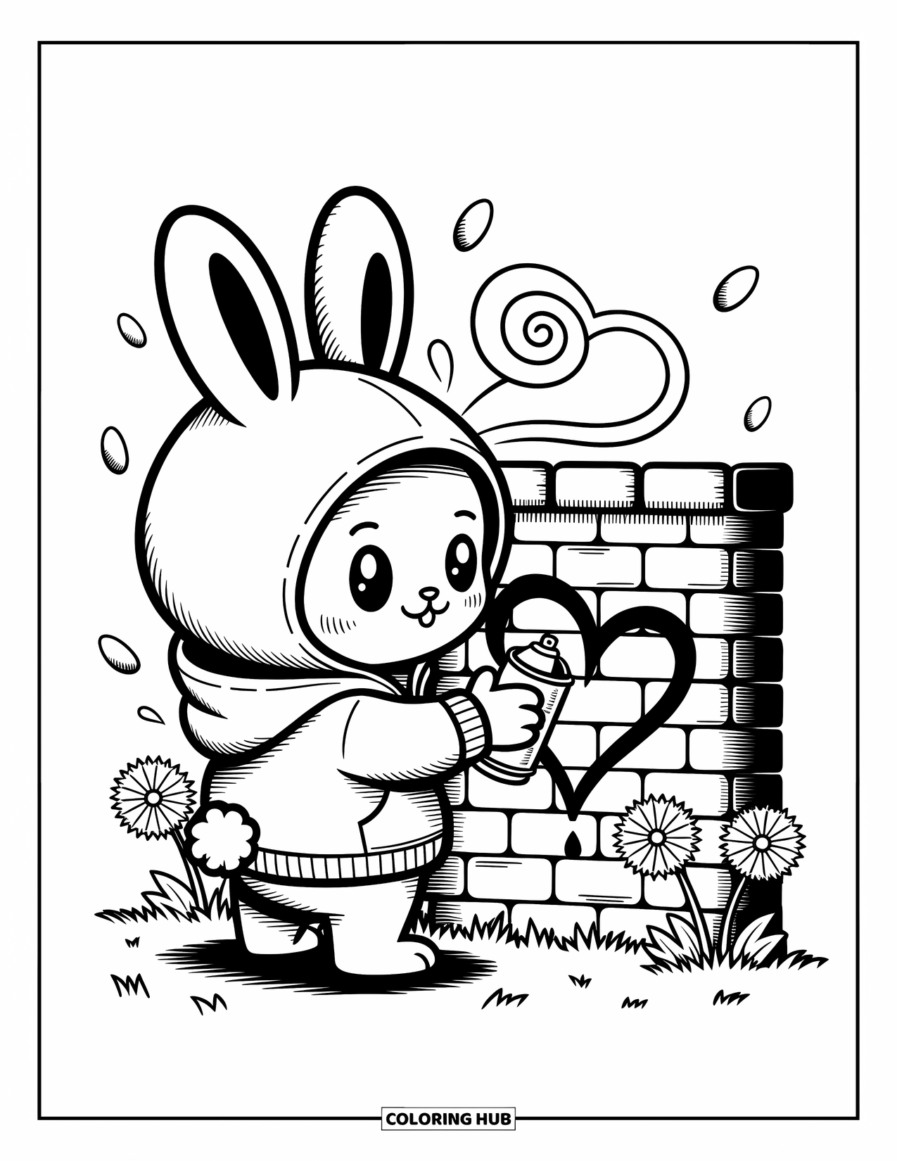 Graffiti Coloring Page for Adults: A hoodie bunny tags a heart on a garden wall surrounded by swirls and dandelions