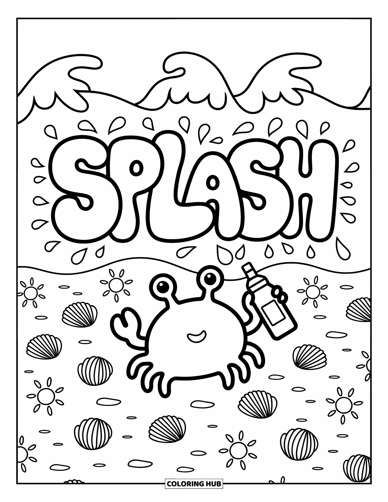 Graffiti Coloring Page for Adults: A playful crab tags tiny suns as waves spell out "SPLASH" on the beach
