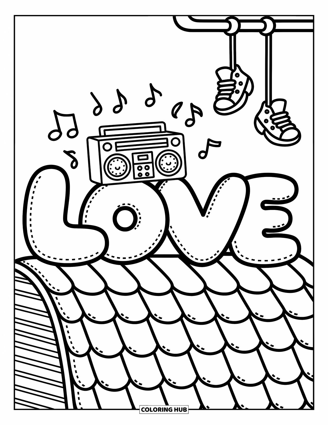 Graffiti Coloring Page for Adults: A rooftop scene with "LOVE" letters, music notes, and playful dangling sneakers