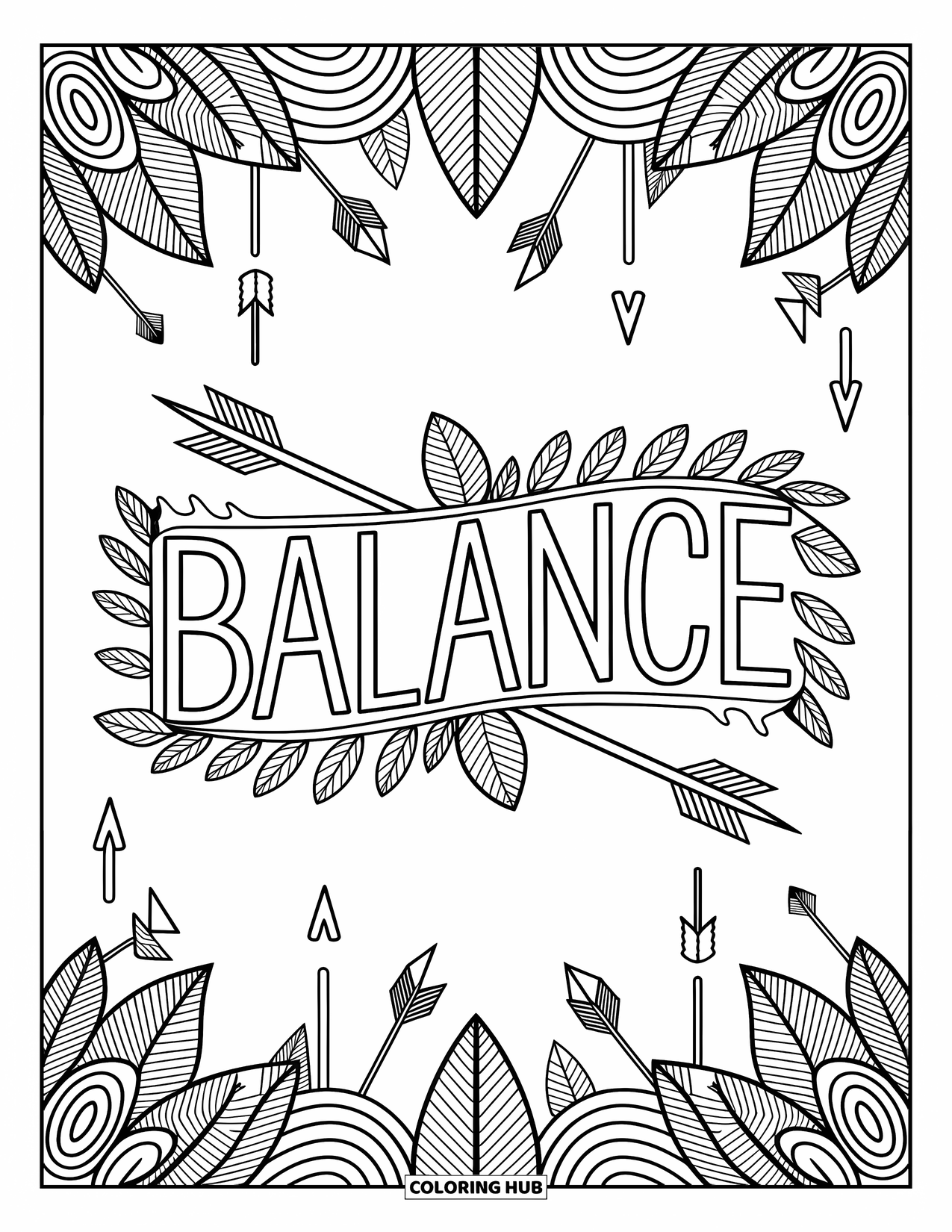 Graffiti Coloring Page for Adults: "BALANCE" transforms into artistic shapes and lines with a calm, elegant feel
