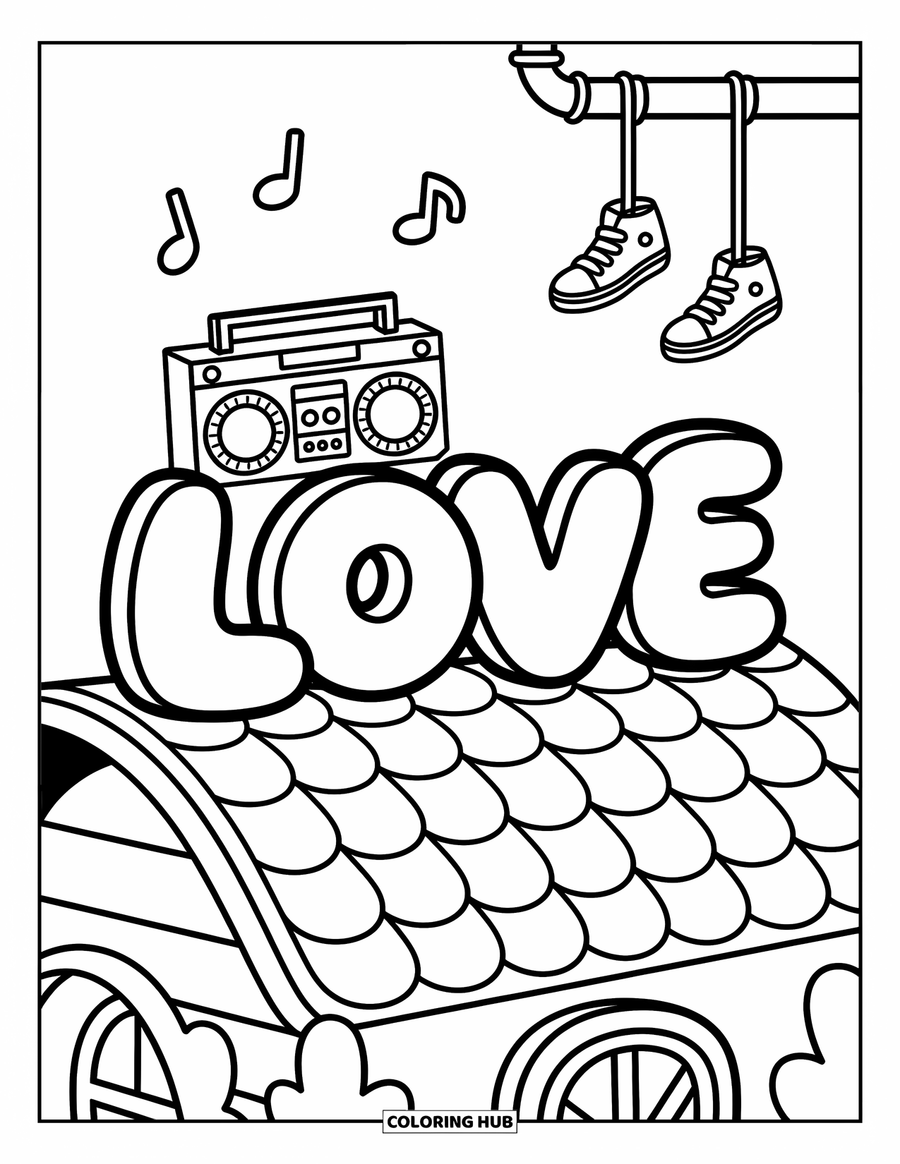 Graffiti Coloring Page for Adults: Bubble letters spell "LOVE" on a rooftop with a boombox and swinging sneakers