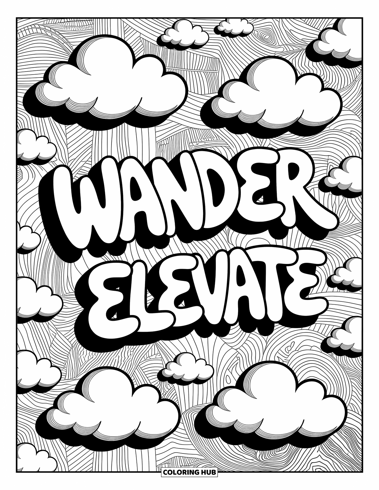 Graffiti Coloring Page for Adults: Elegant words and patterns flow together in a soothing, surreal wall design