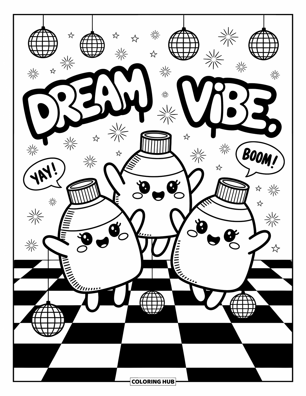 Graffiti Coloring Page for Adults: Happy paint bottles dance under dreamy tags and playful graffiti bubbles