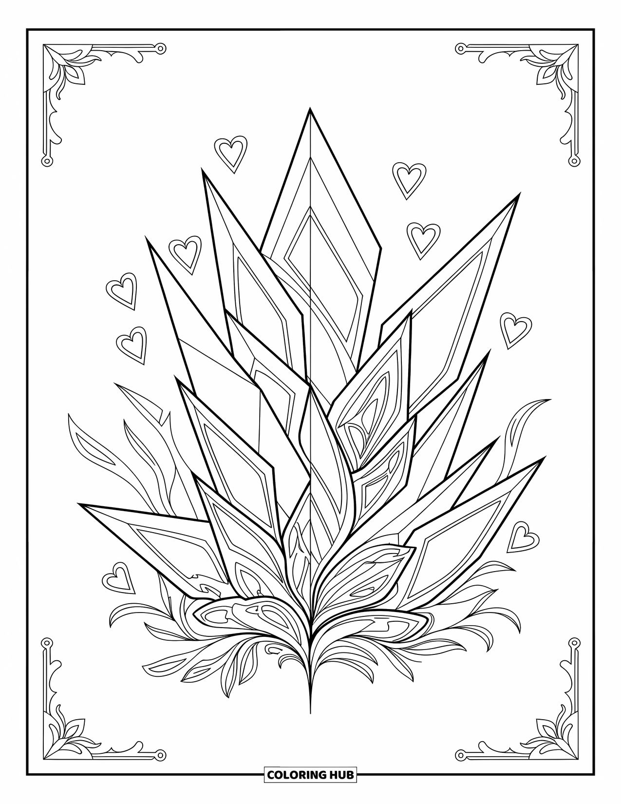 Graffiti Coloring Page for Adults: Intricate hearts and symbols blend with broken glass in a calm, artistic design