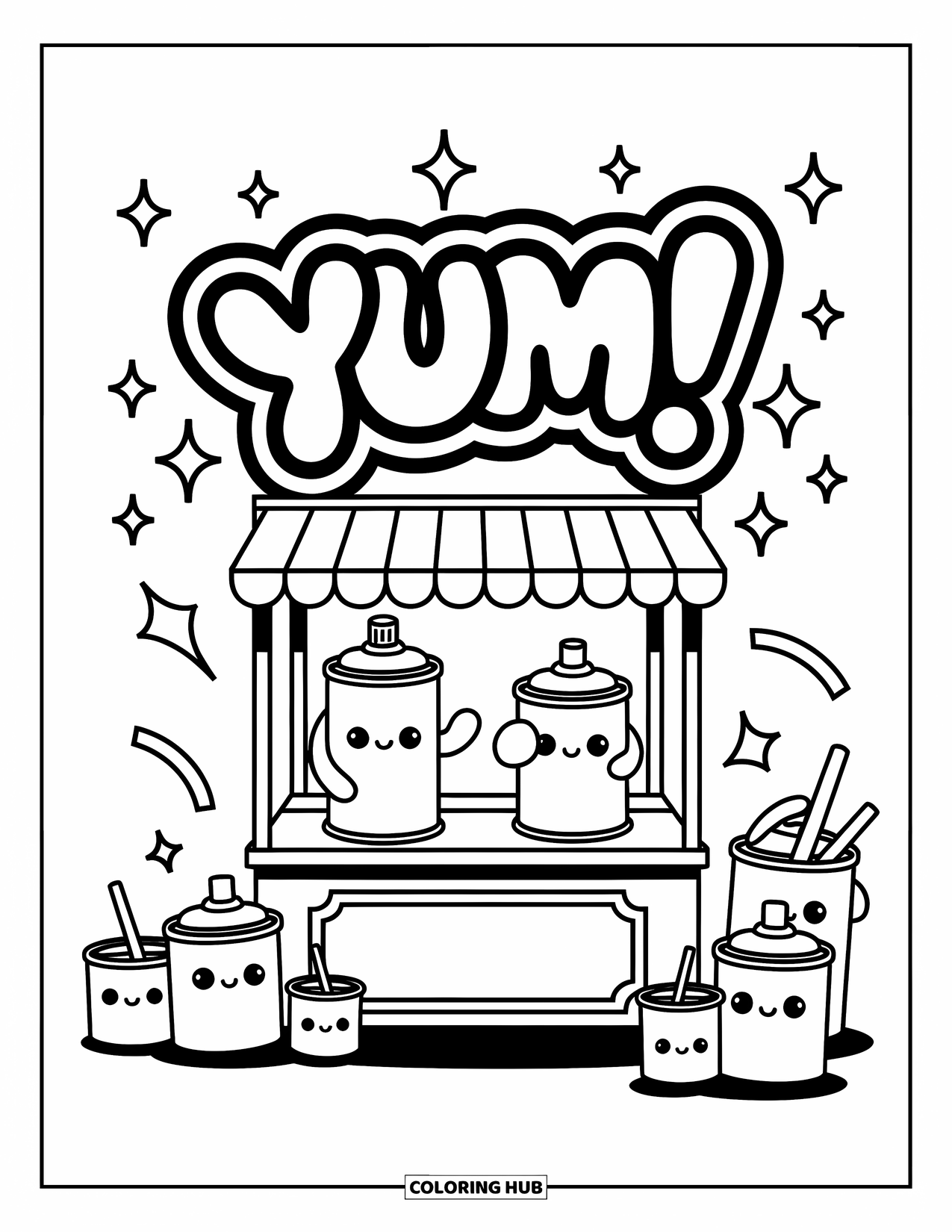 Graffiti Coloring Page for Adults: Joyful spray cans and smiling condiments create a cozy, food-filled alley scene