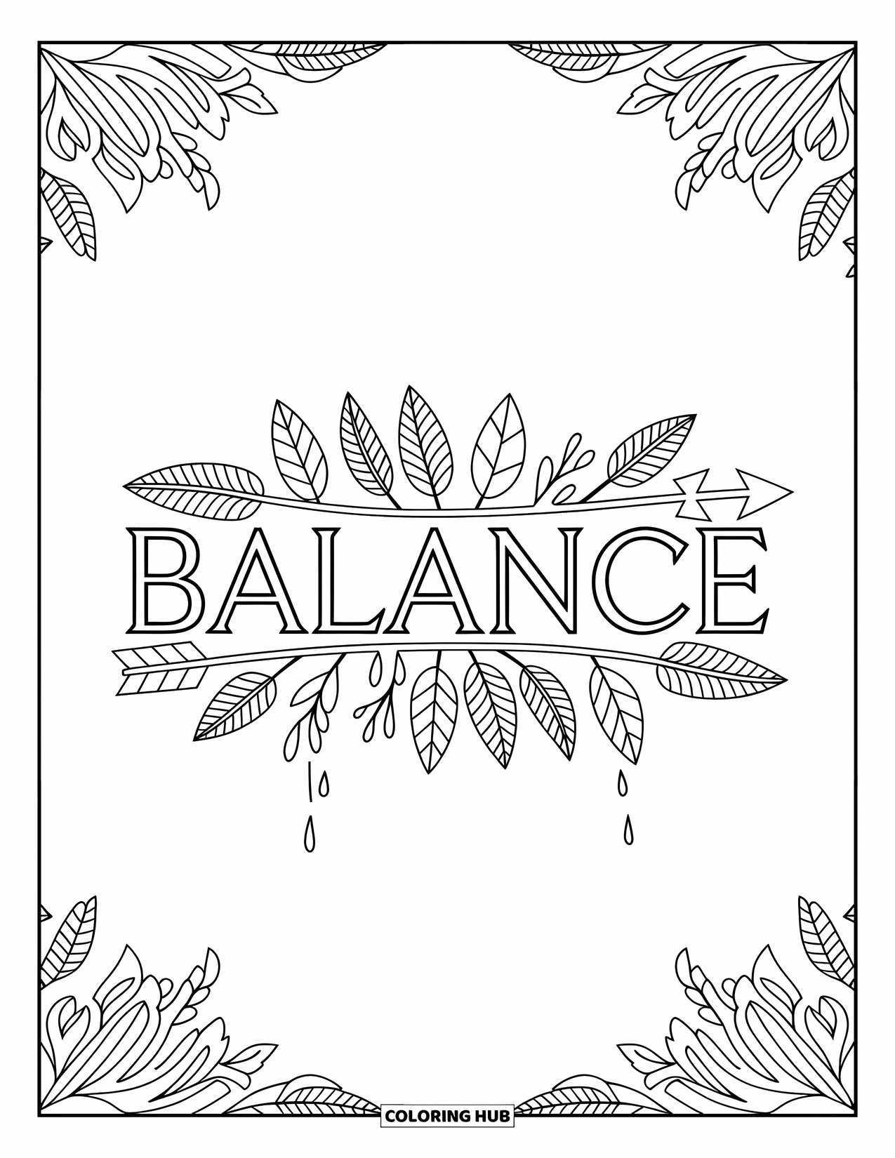 Graffiti Coloring Page for Adults: Letters and symbols mix into "BALANCE" with graceful arrows and leafy shapes