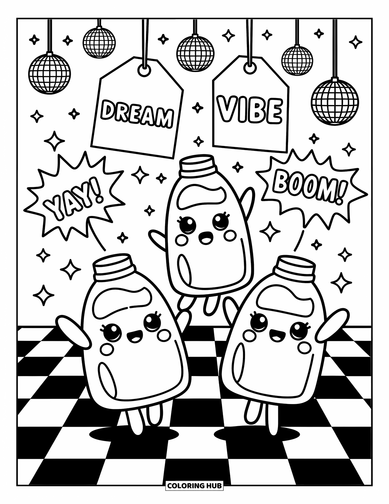 Graffiti Coloring Page for Adults: Paint bottles dance on checkered tiles while stars and bubbles twinkle above