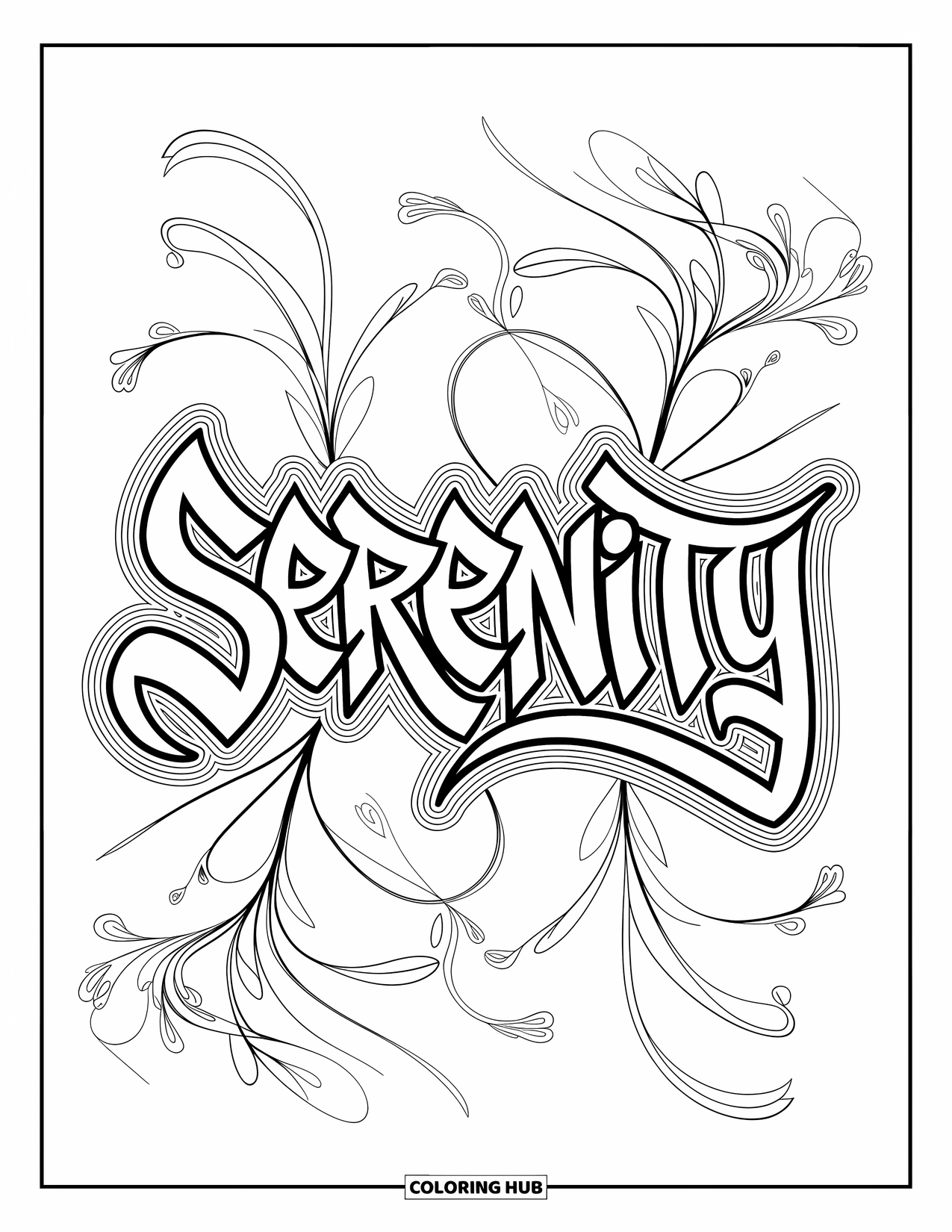 Graffiti Coloring Page for Adults: "SERENITY" stands bold with swirling designs and peaceful graffiti flourishes