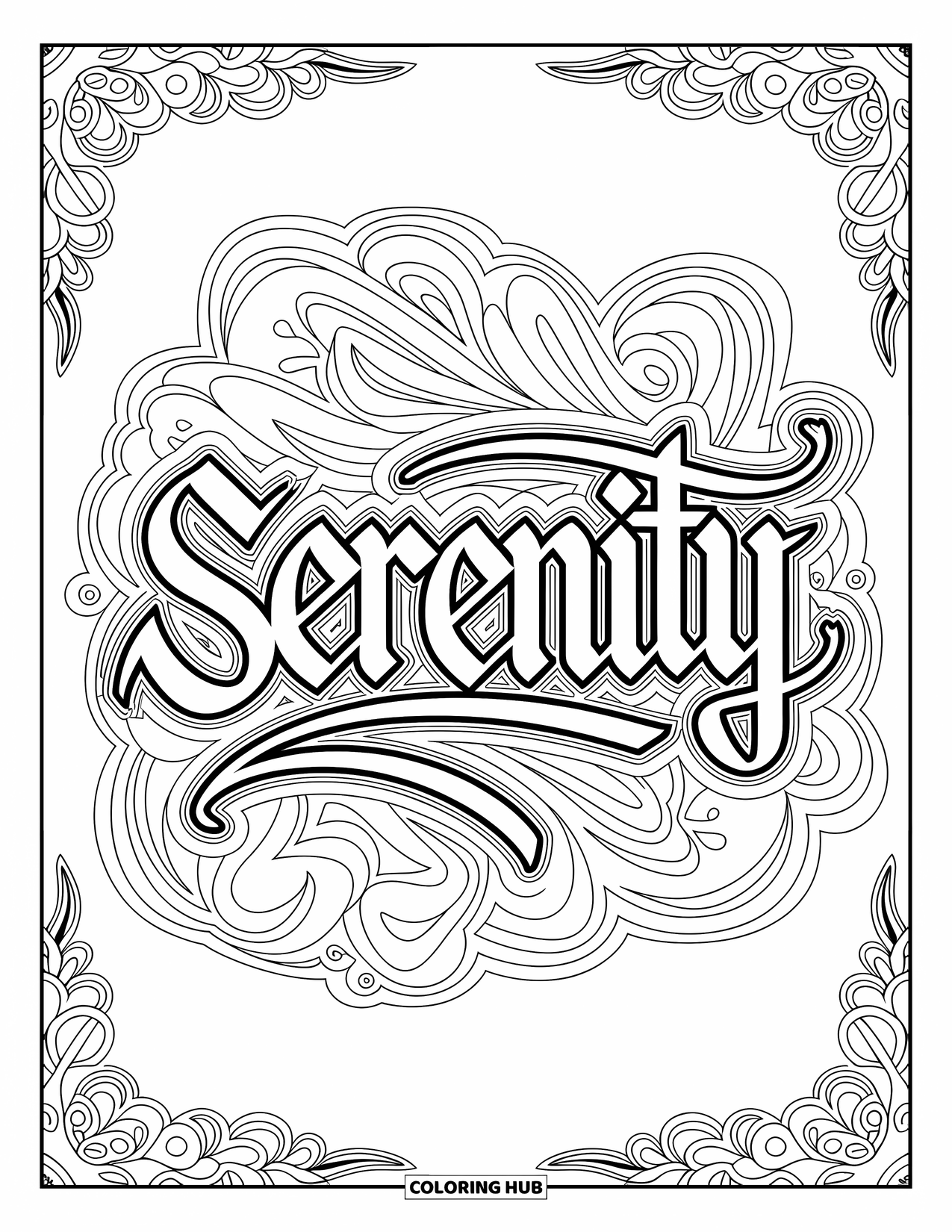 Graffiti Coloring Page for Adults: "SERENITY" stands out in elegant script surrounded by flowing, intricate patterns