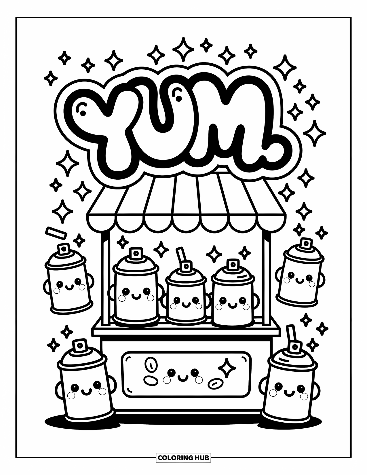 Graffiti Coloring Page for Adults: Spray-can characters run a cheerful food stand under a bubbly "YUM" sign