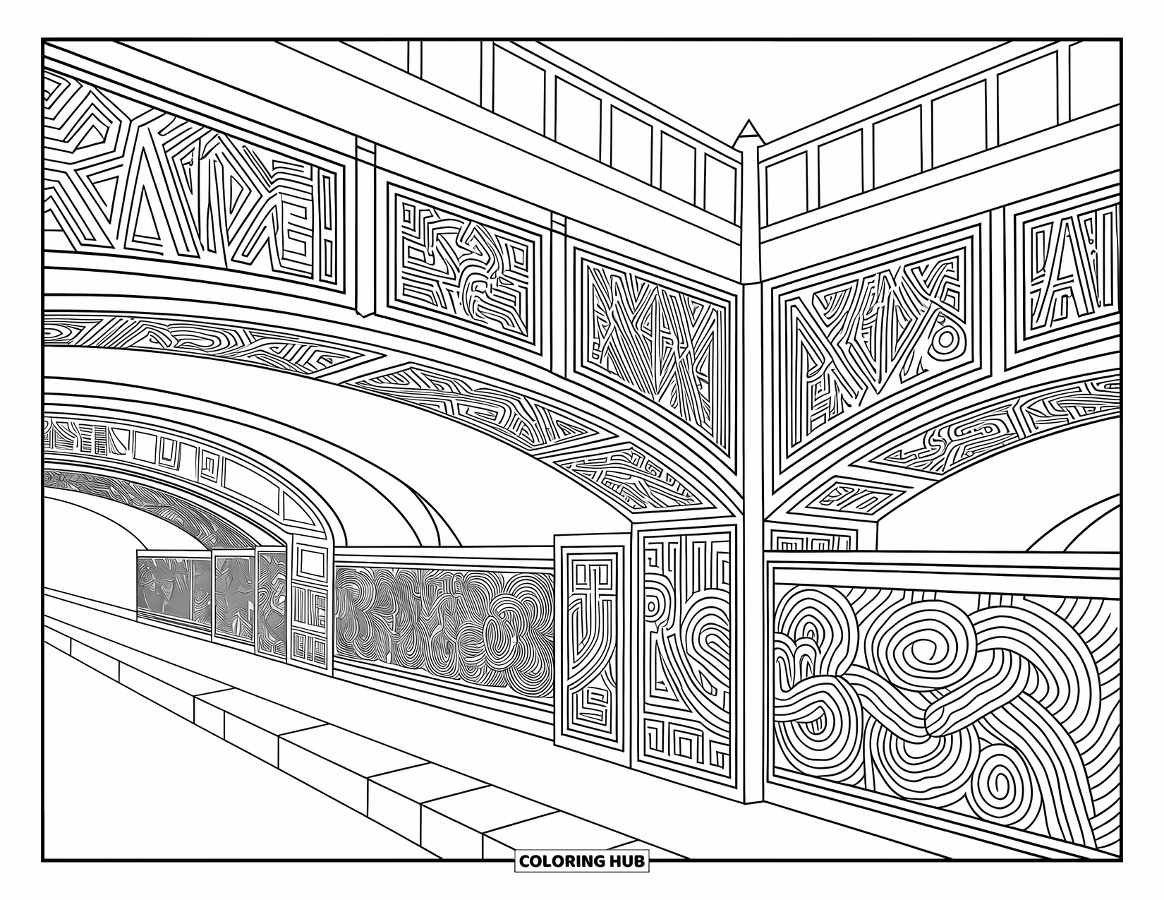 Graffiti Coloring Page for Adults: Stylized graffiti and bridges create a peaceful and creative riverside scene