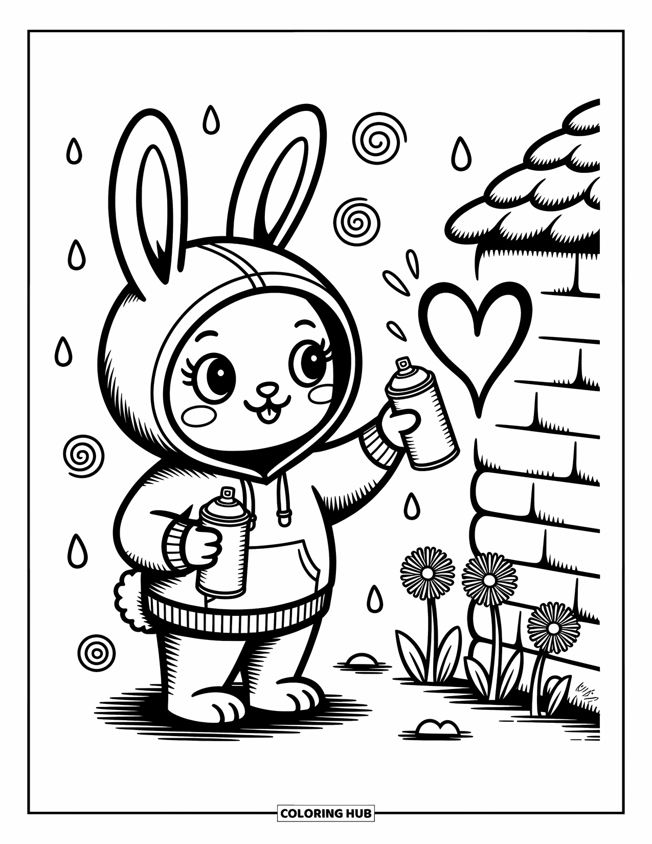 Graffiti Coloring Page for Adults: The hoodie bunny paints hearts in a dreamy garden with dandelions and doodles