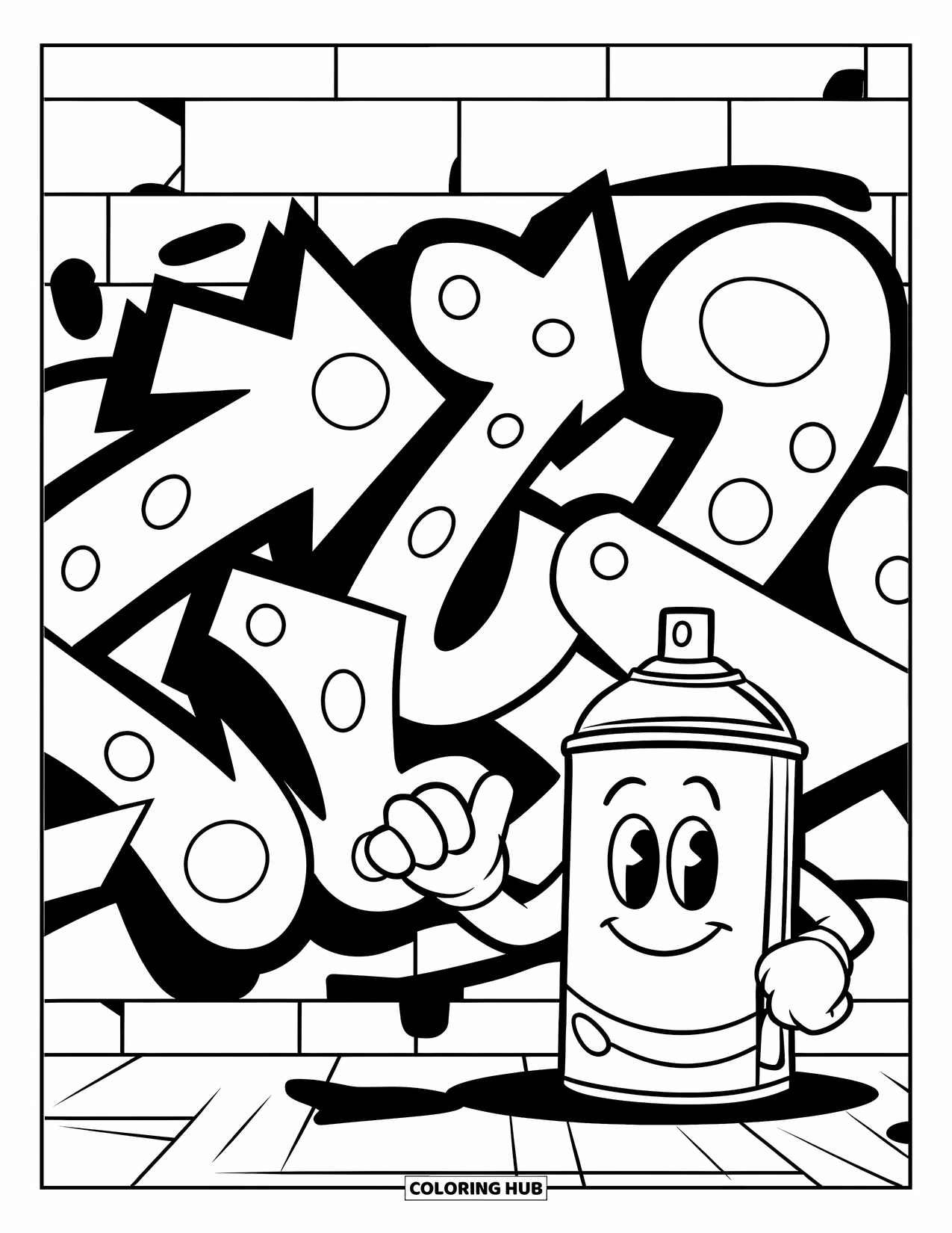Graffiti Coloring Page for Kids: A cheerful spray can smiles near big arrows and dots on a wall