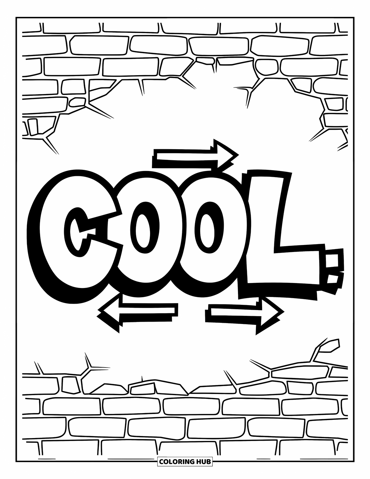 Graffiti Coloring Page for Kids: A cracked wall shows the word "COOL" with arrows and blocky graffiti style