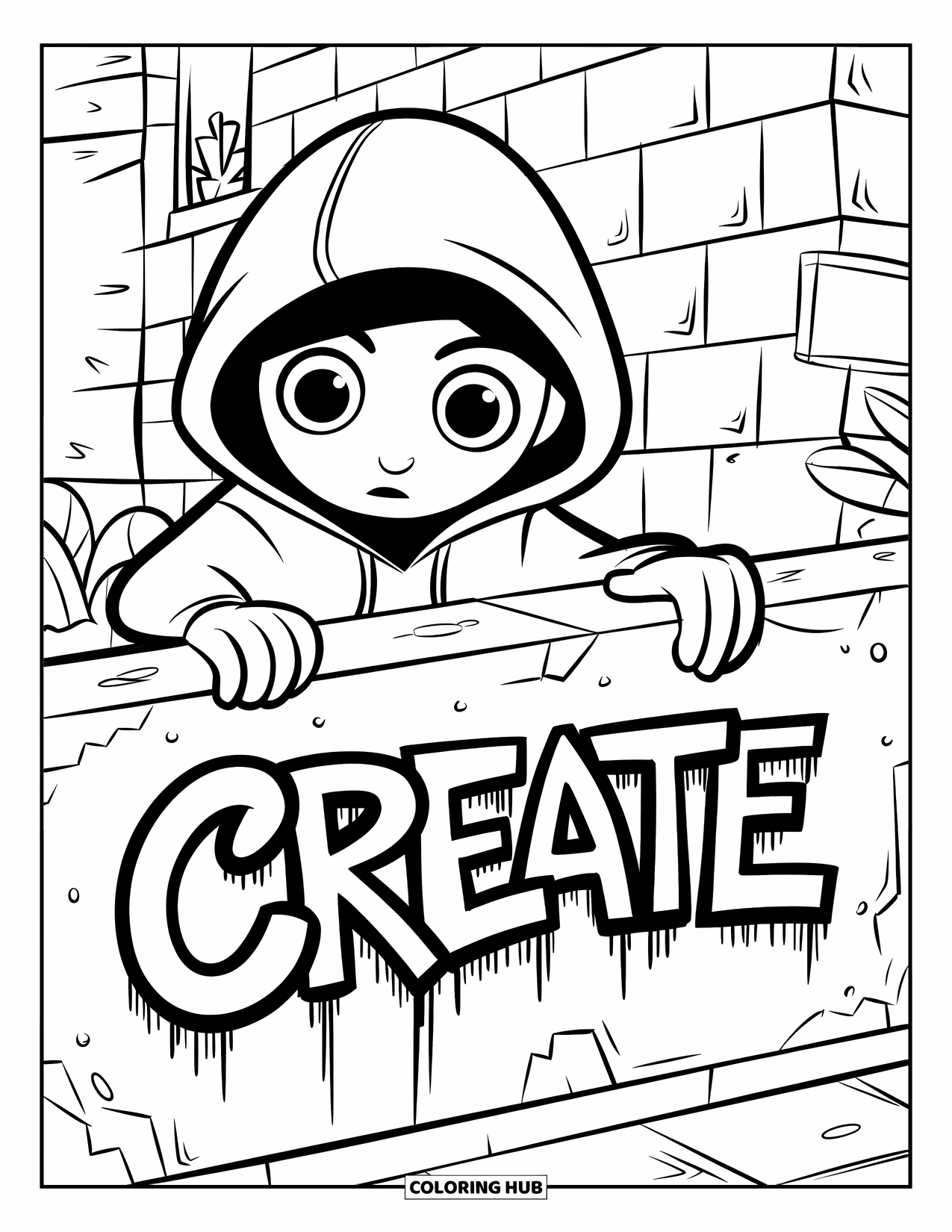 Graffiti Coloring Page for Kids: A hoodie character tags "CREATE" on a wall beside a plant and a lamp