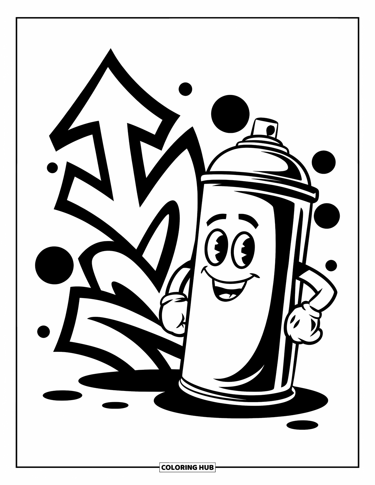Graffiti Coloring Page for Kids: A smiling spray can stands beside arrows and dots in every direction