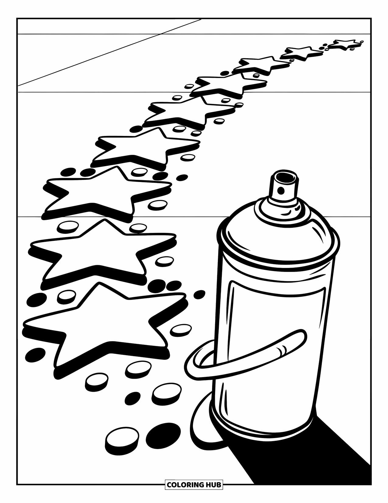 Graffiti Coloring Page for Kids: A trail of stars and dots follows a flying spray can