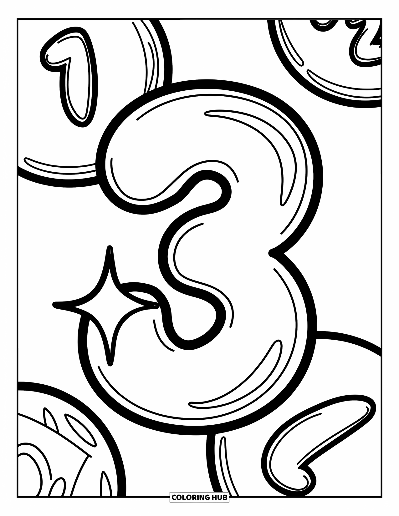 Graffiti Coloring Page for Kids: Big bubble 3 with sparkles stands out with 1 and 2 nearby